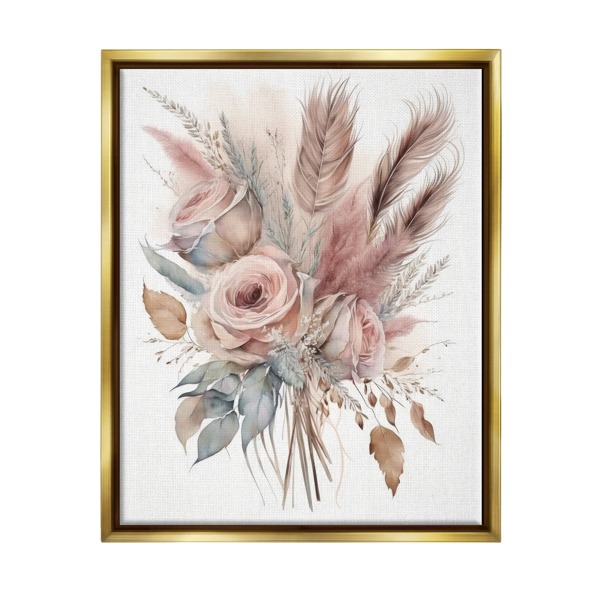 Stupell Industries Soft Pink Rose Bundle Botanical & Floral Painting Gold Floater Framed Canvas Art Print Wall Art, 17 x 21