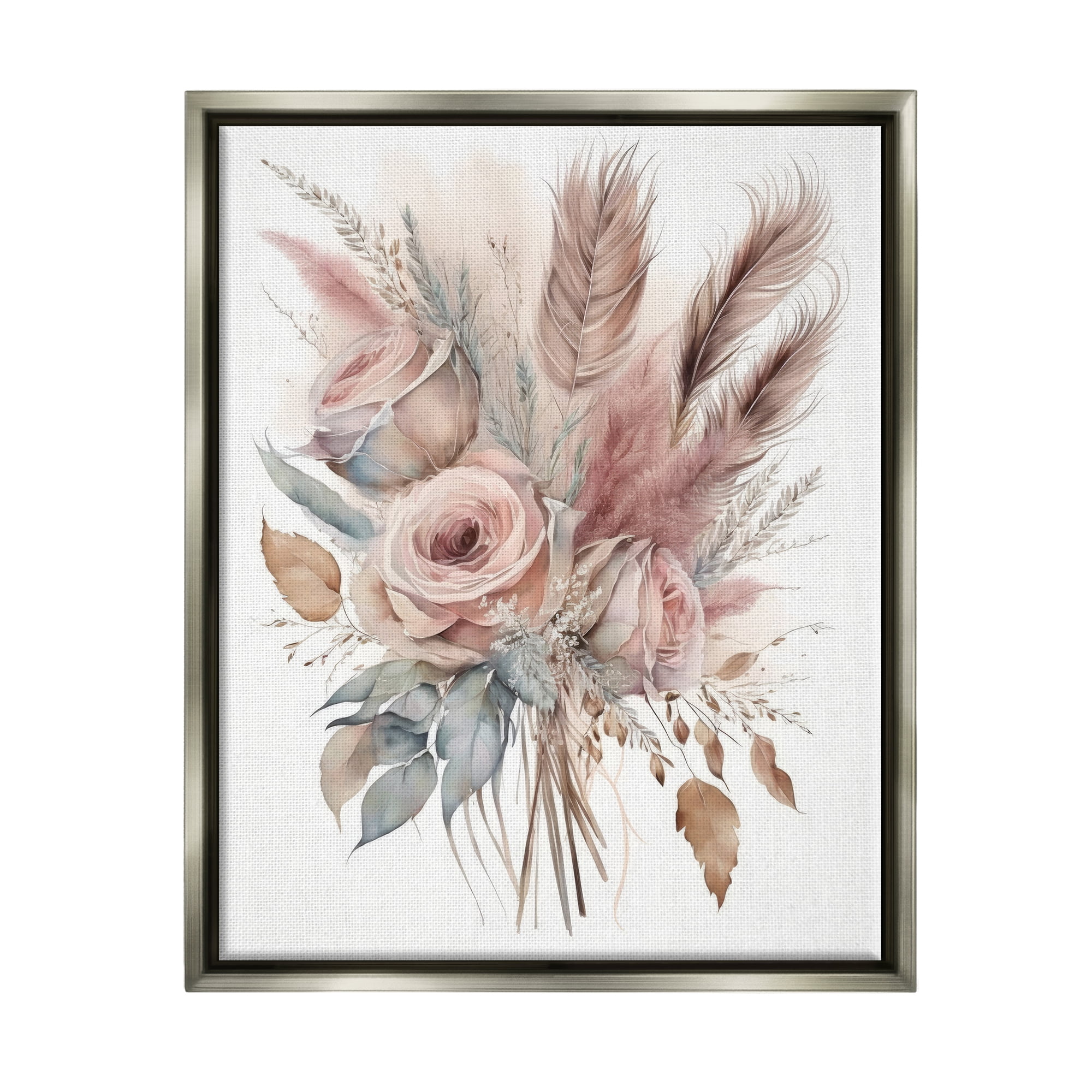 Soft Pink Rose Bundle Botanical Canvas Art with Gray Frame