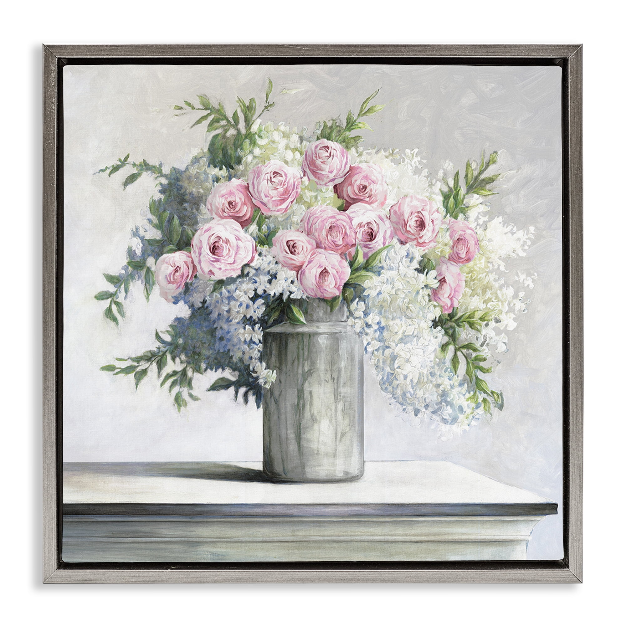 Stupell Industries Soft Pink Roses Botanical & Floral Painting Gray Floater Framed Art Print Wall Art, 18 x 18