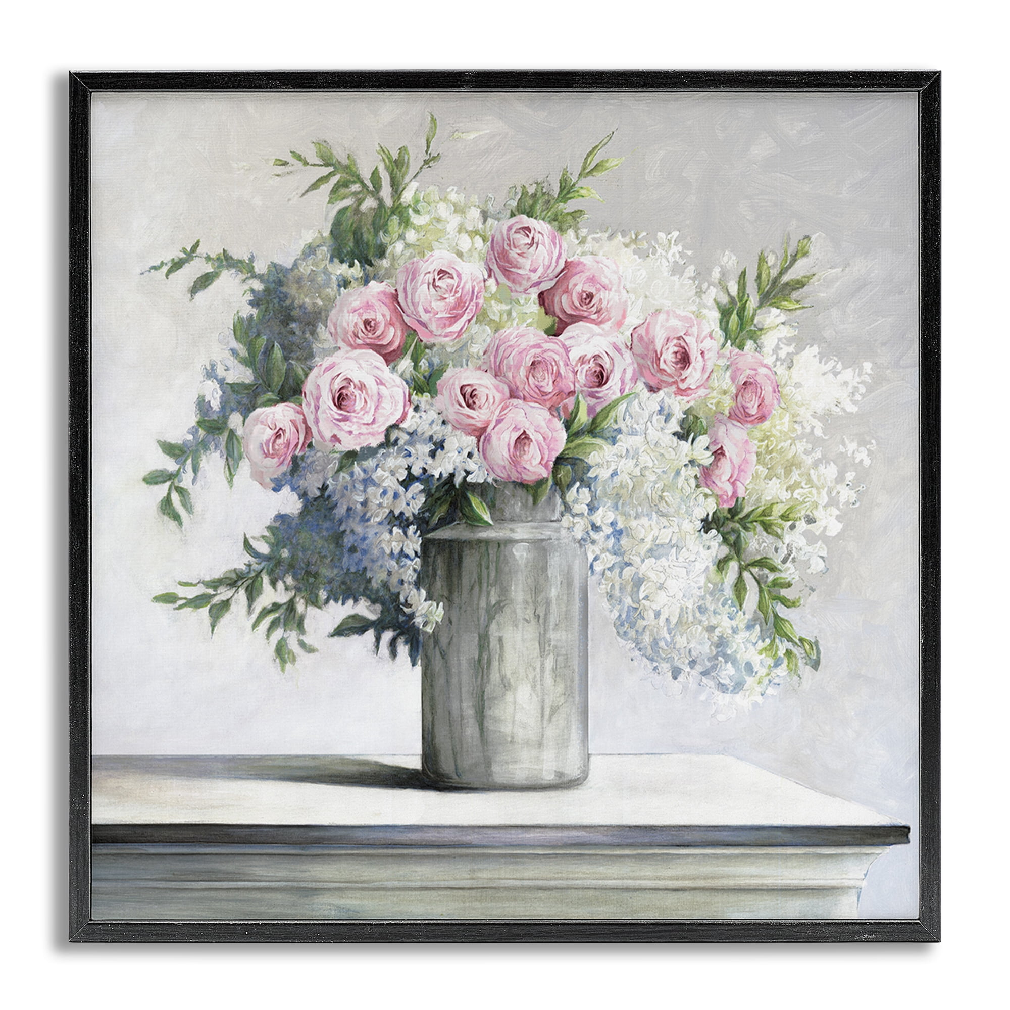 Stupell Industries Soft Pink Roses Botanical & Floral Painting Gray Framed Art Print Wall Art, 12 x 12