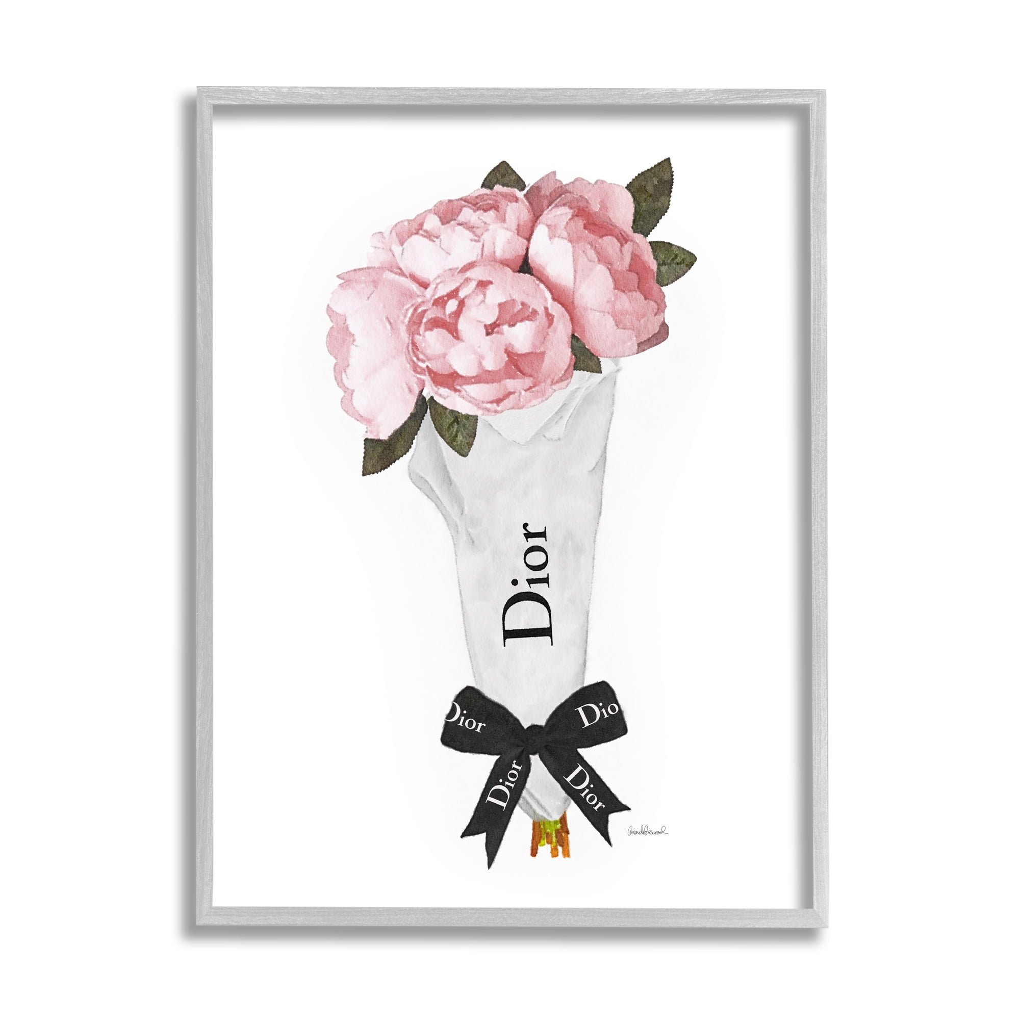 Stupell Industries Soft Pink Spring Bouquet Glam Fashion Bow Botanical & Floral Painting Gray Framed Art Print Wall Art, 16 x 20