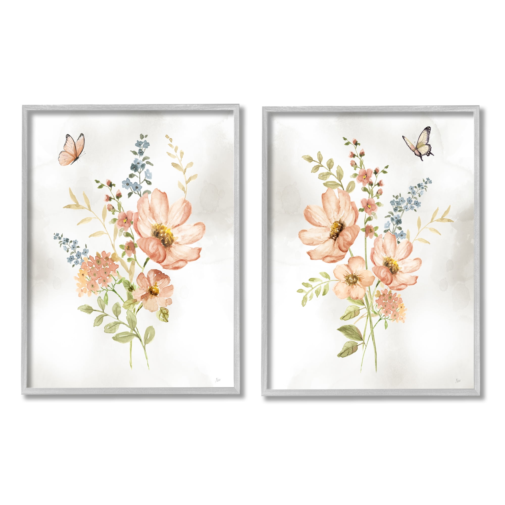 Stupell Industries Soft Pink Spring Flowers Botanical & Floral Painting Gray Framed Art Print Wall Art, 11 x 14, Set of 2