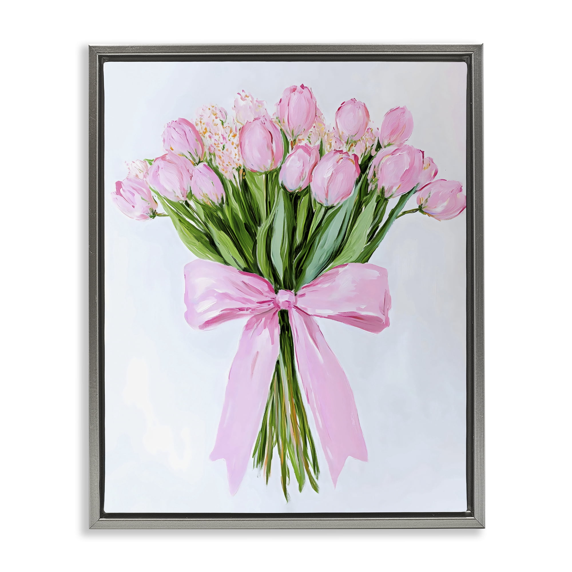 Stupell Industries Soft Pink Tulips with Ribbon Gray Framed Floater Canvas Wall Art, design by The Prints Vibe