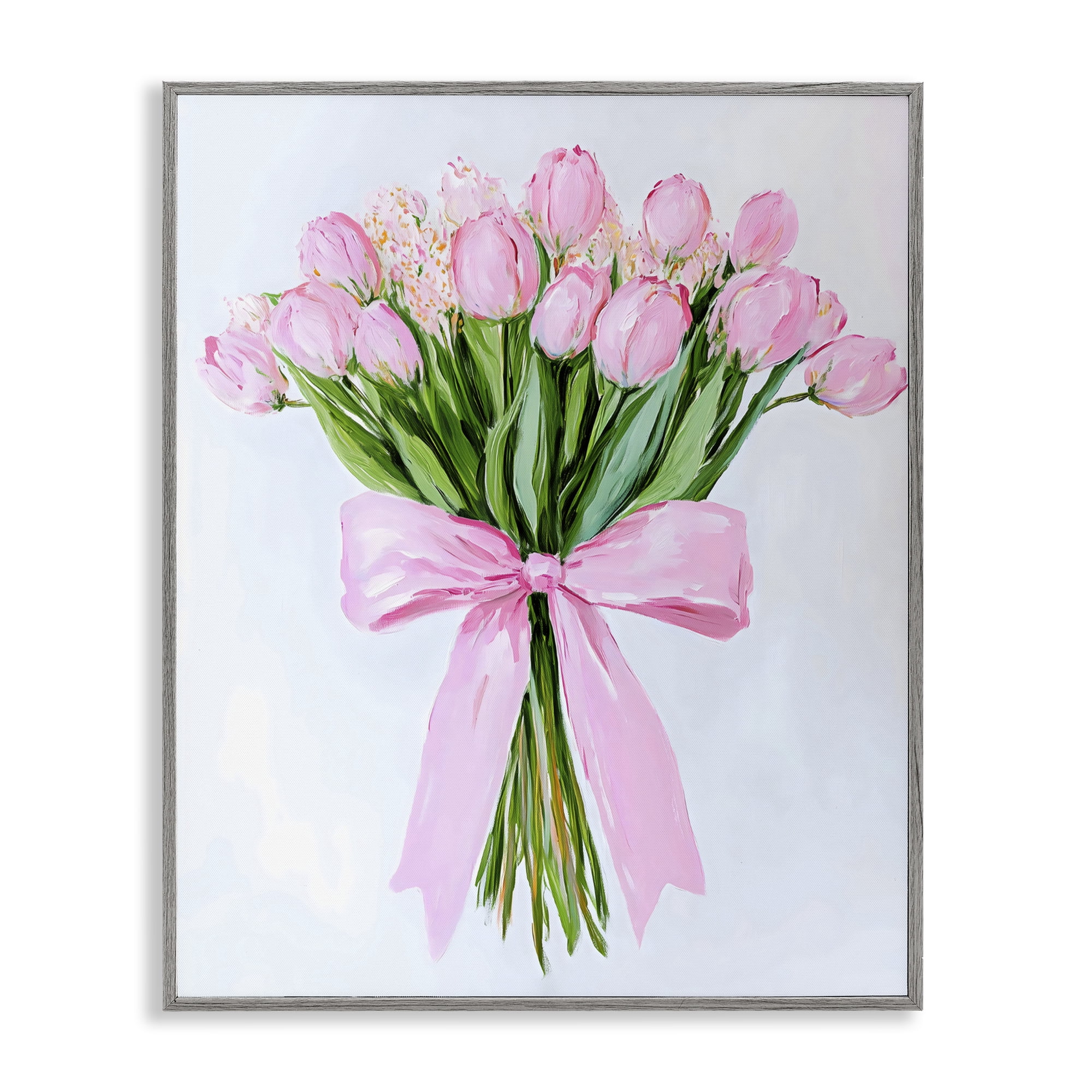 Stupell Industries Soft Pink Tulips with Ribbon Gray Framed Giclee Art, design by The Prints Vibe