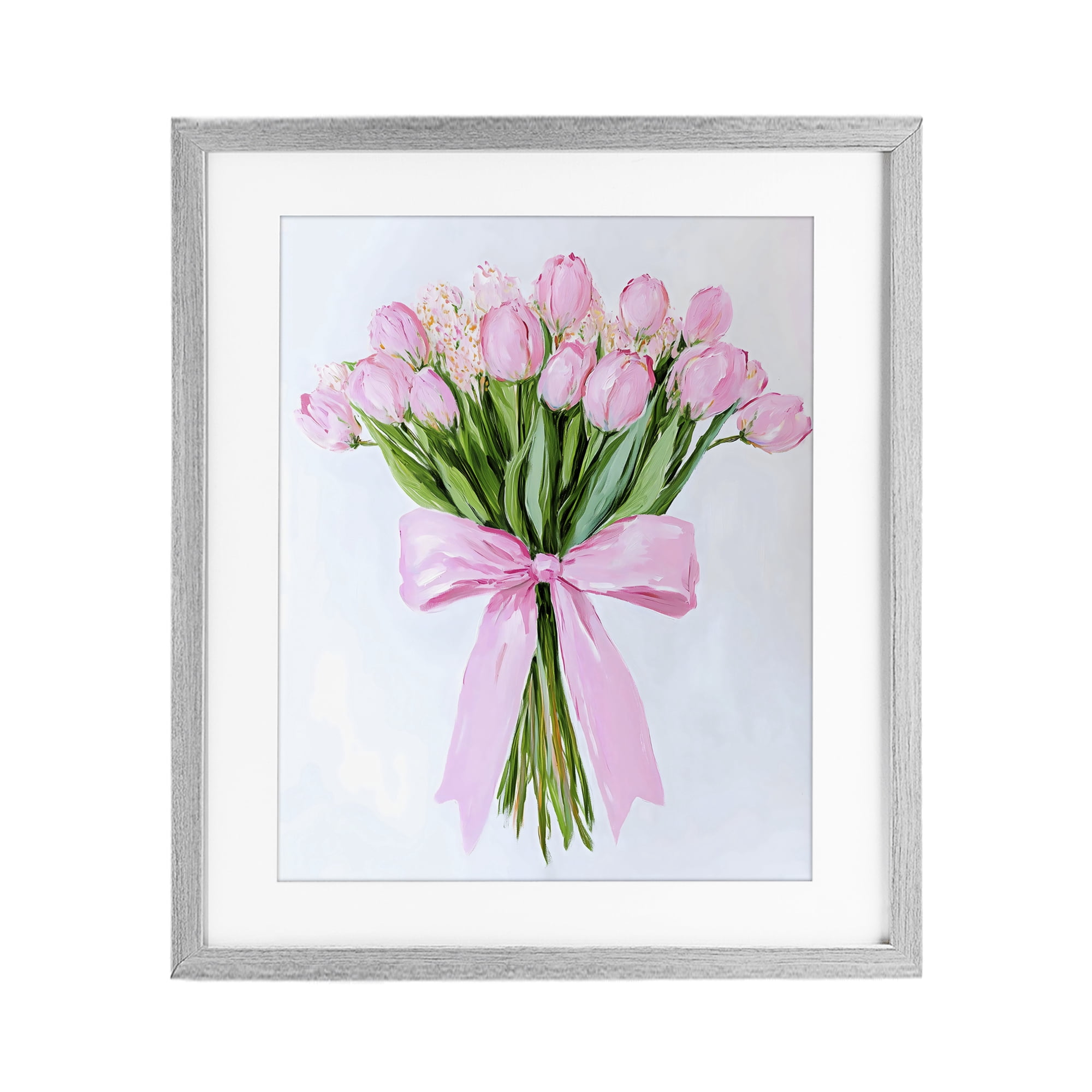 Stupell Industries Soft Pink Tulips with Ribbon Gray Framed Print Under Glass, design by The Prints Vibe
