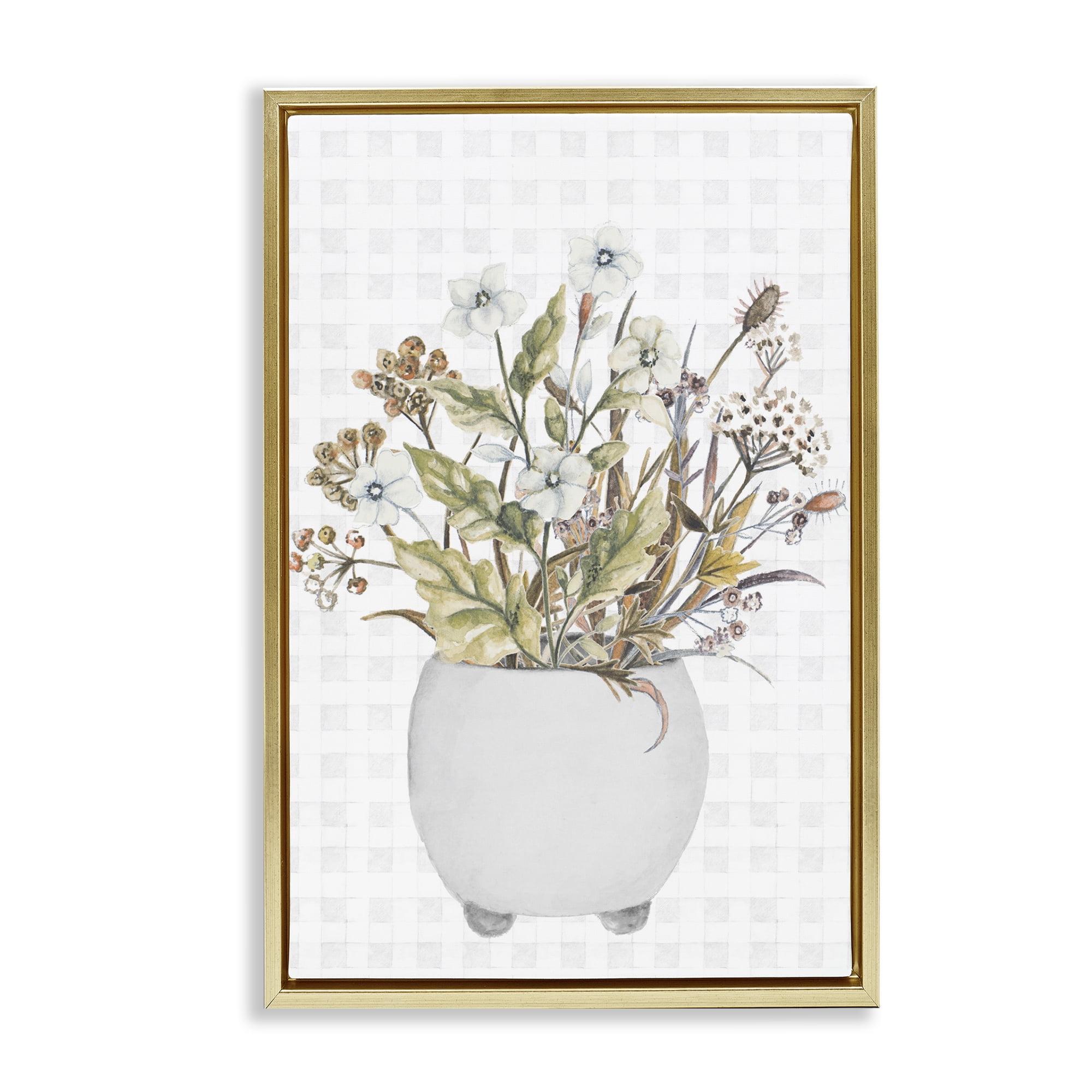 Stupell Industries Soft Potted Wildflowers Botanical & Floral Painting Gold Floater Framed Canvas Art Print Wall Art, 17 x 25