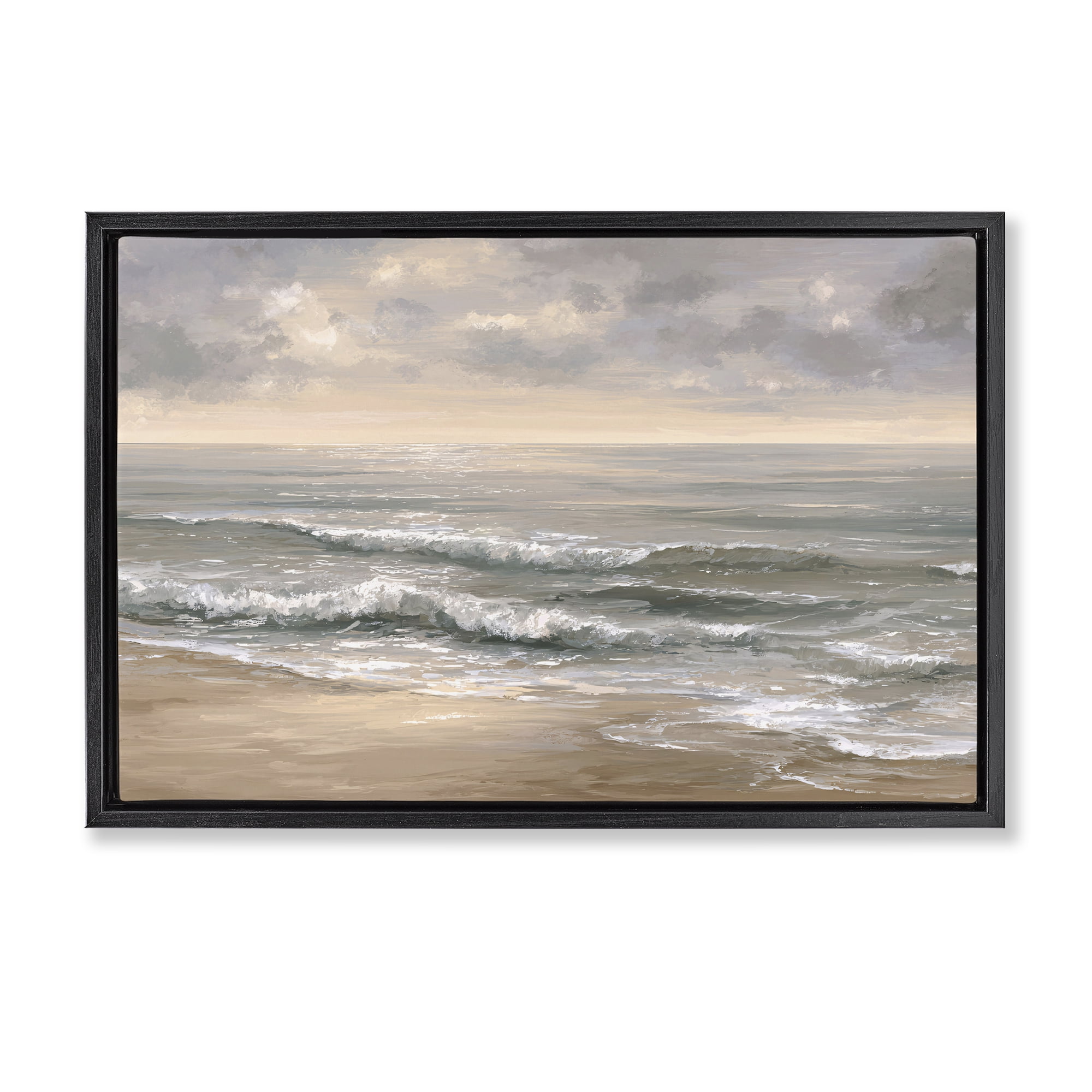 Stupell Industries Soft Rolling Beach Waves Black Framed Floater Canvas Wall Art, design by Jacky Ngan