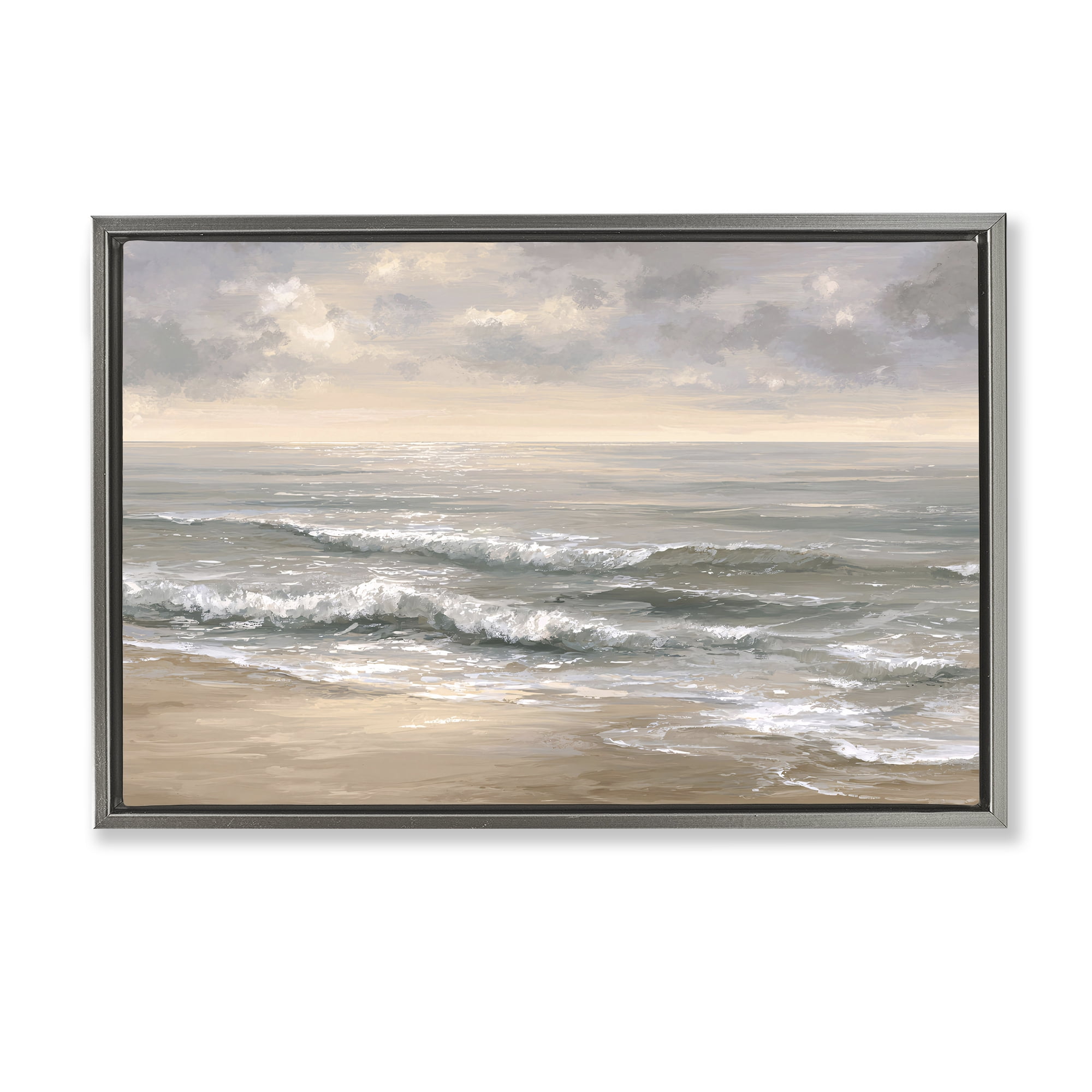 Stupell Industries Soft Rolling Beach Waves Gray Framed Floater Canvas Wall Art, design by Jacky Ngan
