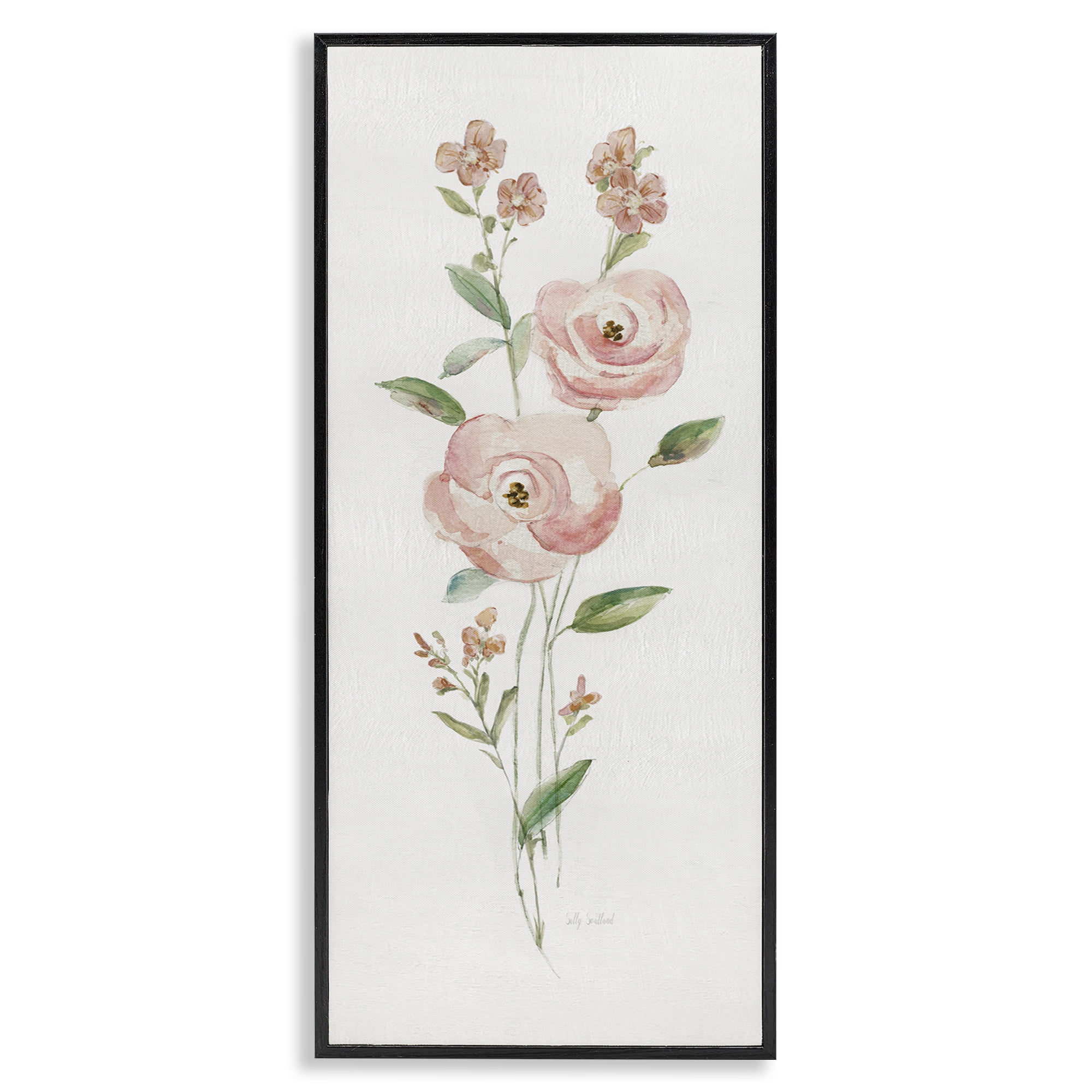 Stupell Industries Soft Rose Sprigs Botanical & Floral Painting Black Framed Art Print Wall Art, 13 x 30
