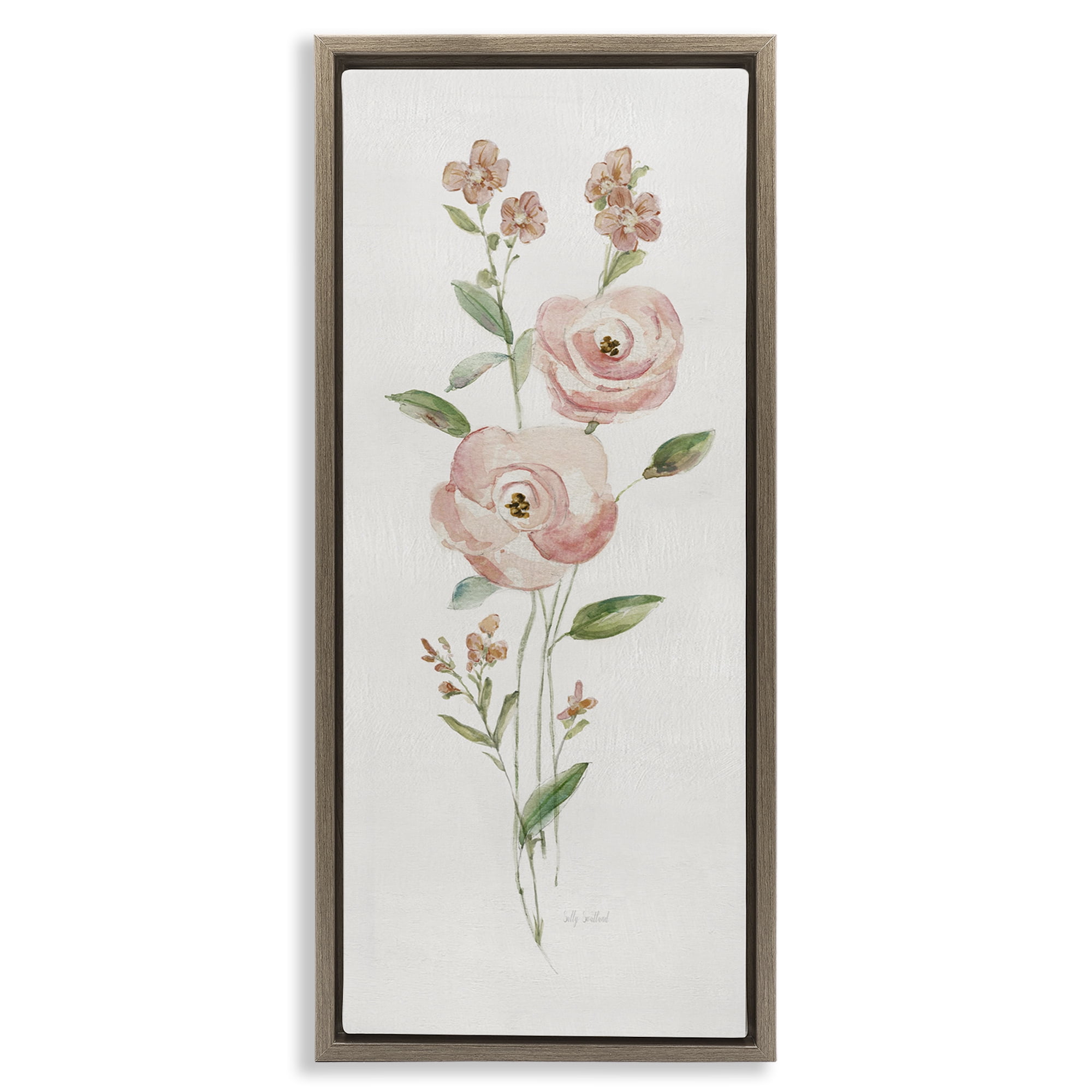 Stupell Industries Soft Rose Sprigs Botanical & Floral Painting Brown Floater Framed Art Print Wall Art, 15 x 31