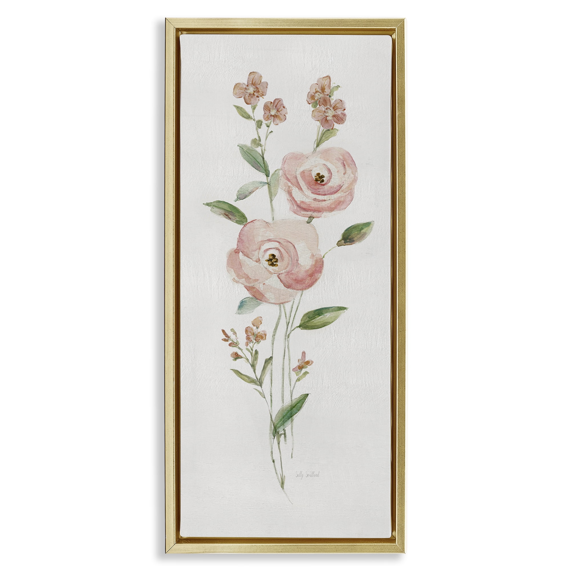 Stupell Industries Soft Rose Sprigs Botanical & Floral Painting Gold Floater Framed Art Print Wall Art, 11 x 25