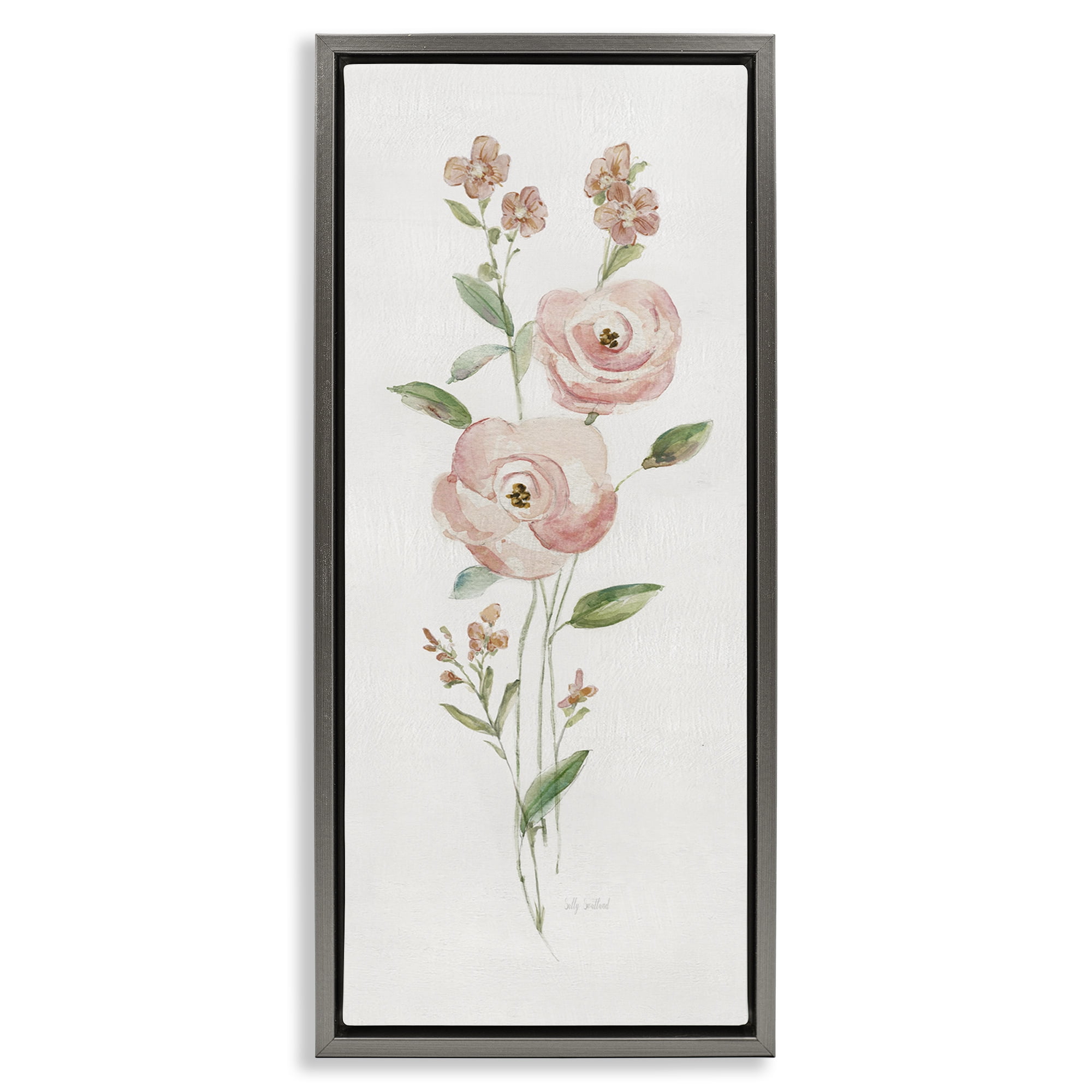 Stupell Industries Soft Rose Sprigs Botanical & Floral Painting Gray Floater Framed Art Print Wall Art, 15 x 31