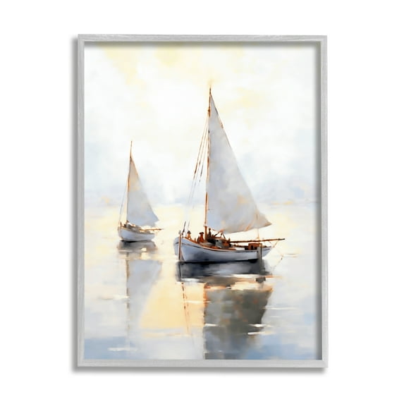 Stupell Industries Soft Sailboats Landscape Transportation Painting Gray Framed Art Print Wall Art, 24 x 30