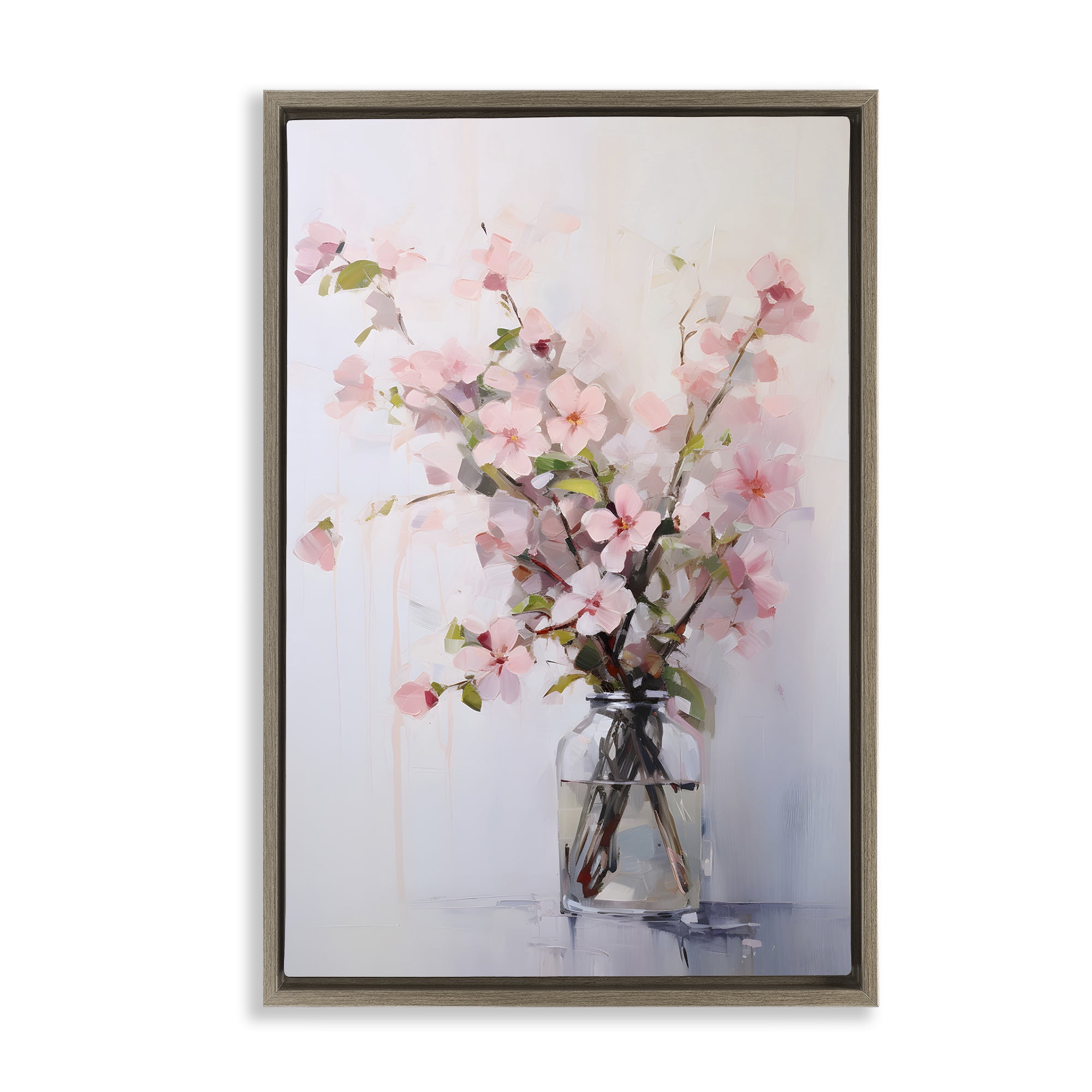 Stupell Industries Soft Sakura Vase Botanical & Floral Painting Brown Floater Framed Art Print Wall Art, 21 x 31