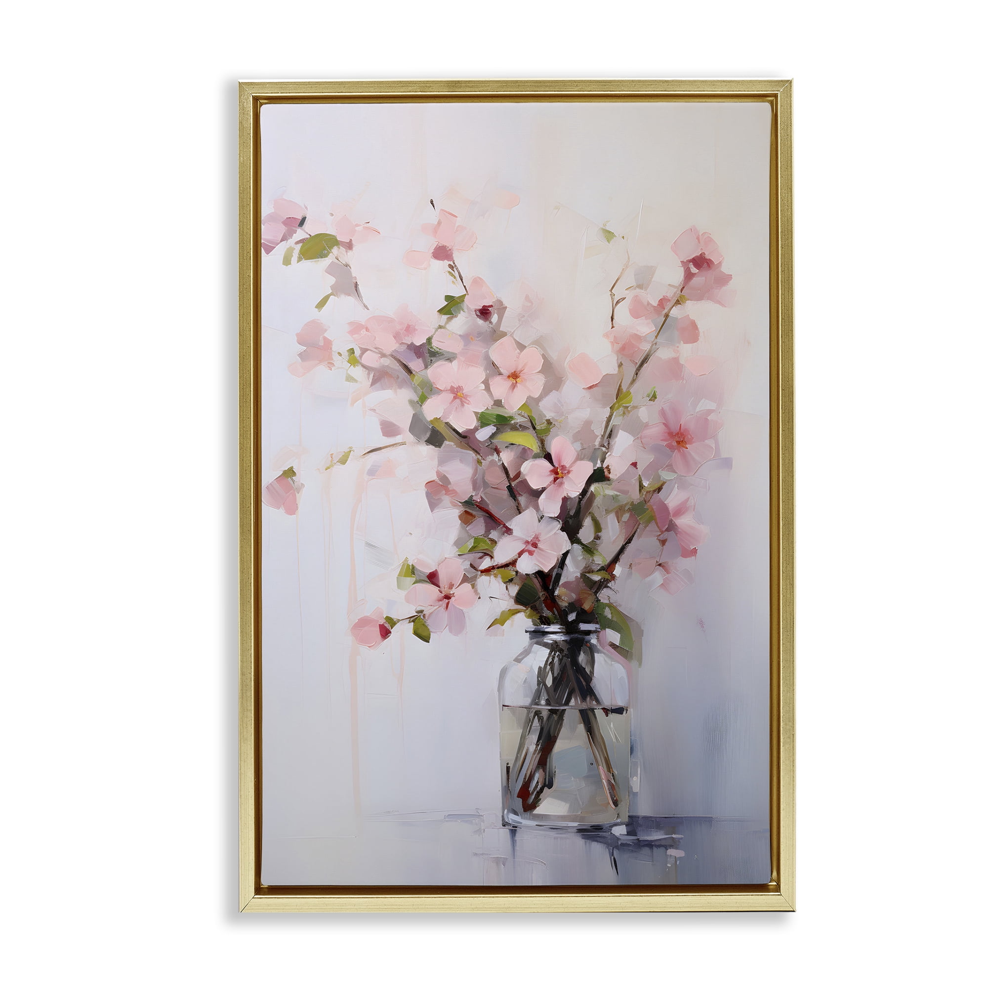 Stupell Industries Soft Sakura Vase Botanical & Floral Painting Gold Floater Framed Art Print Wall Art, 17 x 25