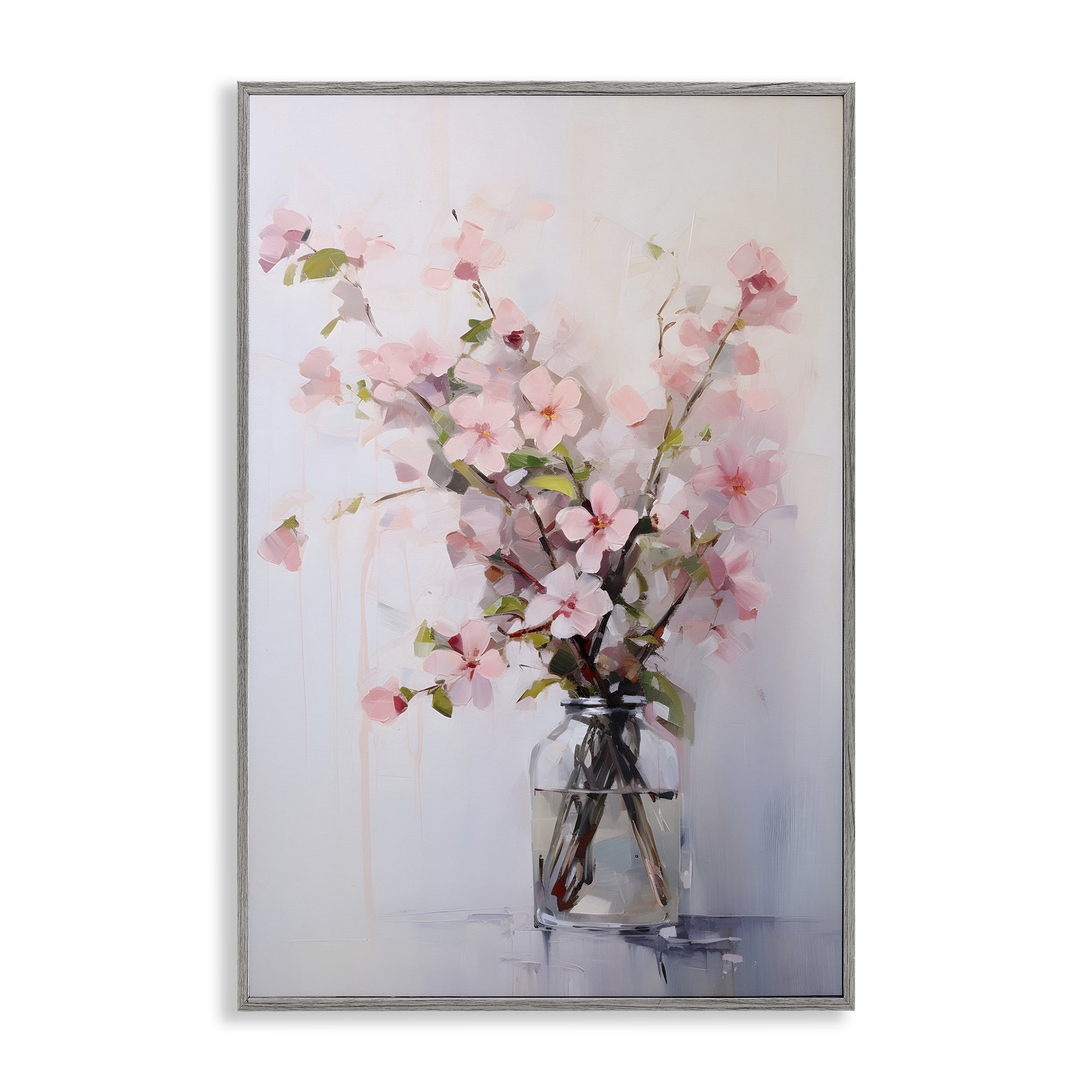 Stupell Industries Soft Sakura Vase Botanical & Floral Painting Gray Framed Art Print Wall Art, 12 x 18