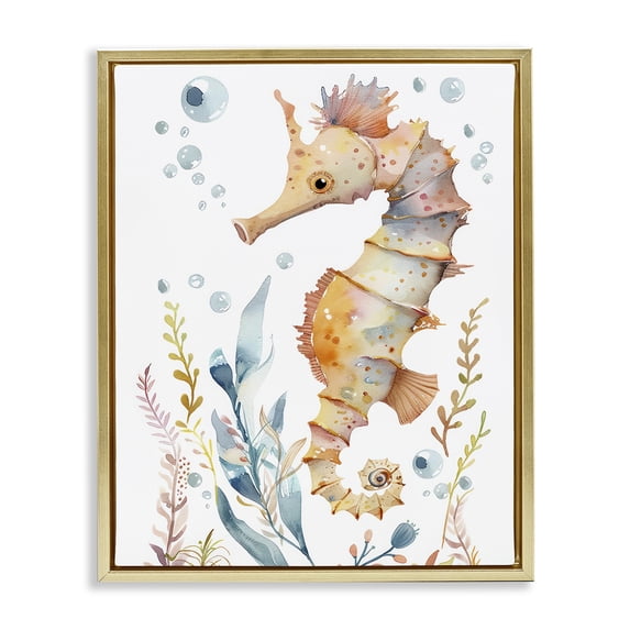 Stupell Industries Soft Seahorse Underwater Animals Painting Gold Floater Framed Canvas Art Print Wall Art, 17 x 21