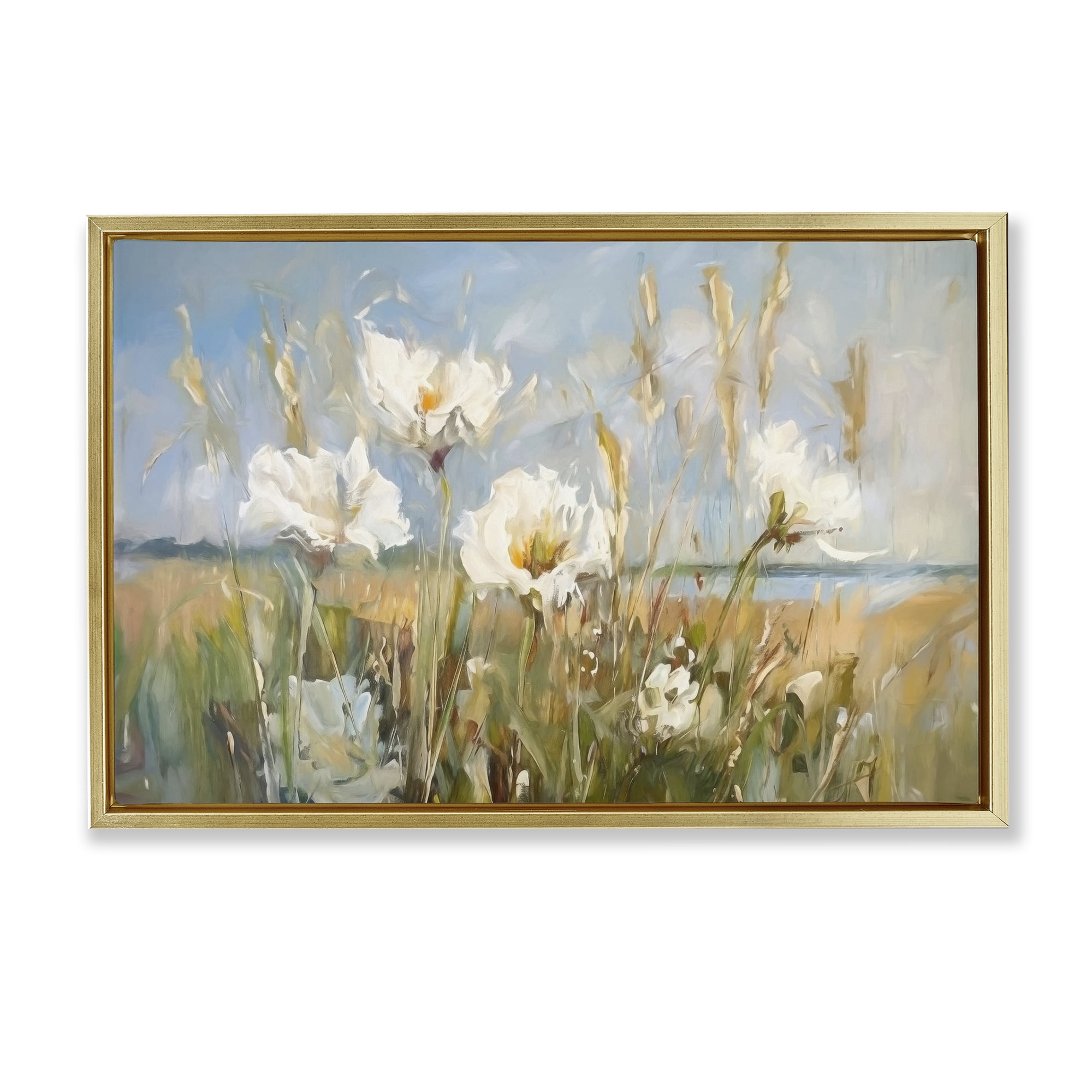 Stupell Industries Soft Seaside Wildflowers Botanical & Floral Painting Gold Floater Framed Art Print Wall Art, 25 x 17