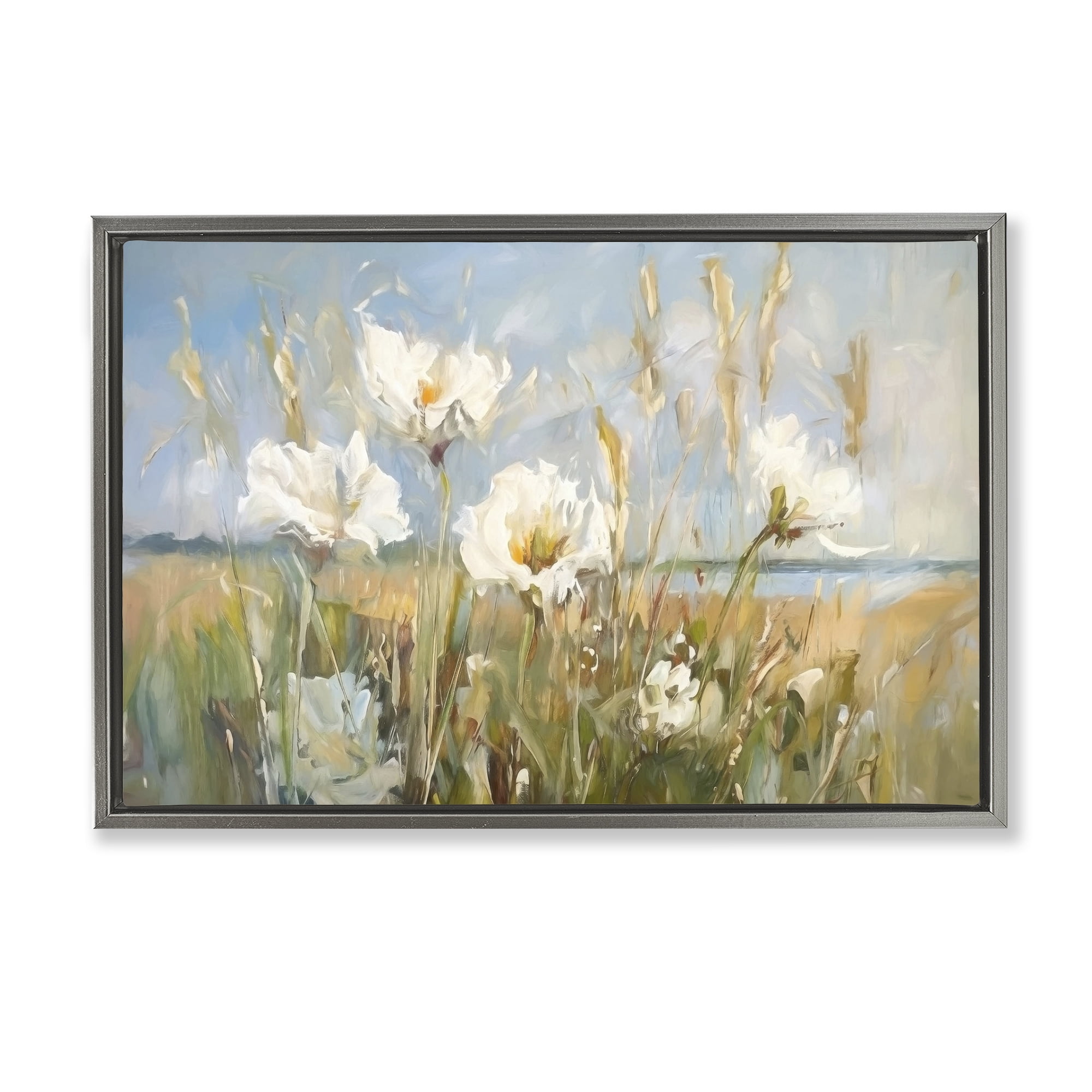 Stupell Industries Soft Seaside Wildflowers Botanical & Floral Painting Gray Floater Framed Art Print Wall Art, 25 x 17