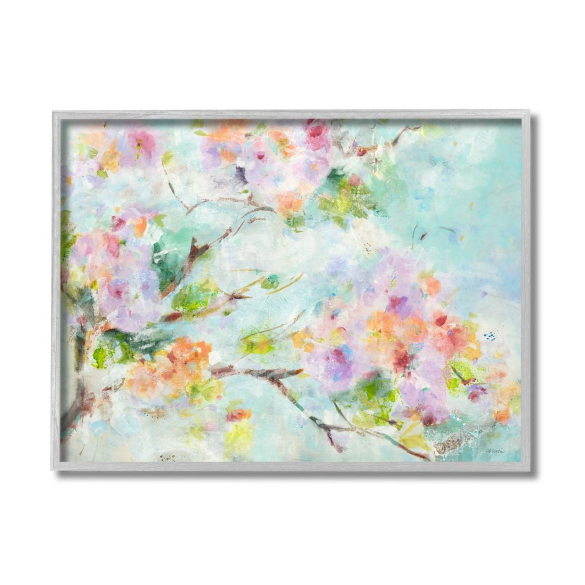 Soft Spring Floral Branch Pastel Pink Flowers Canvas Print with Gray Frame