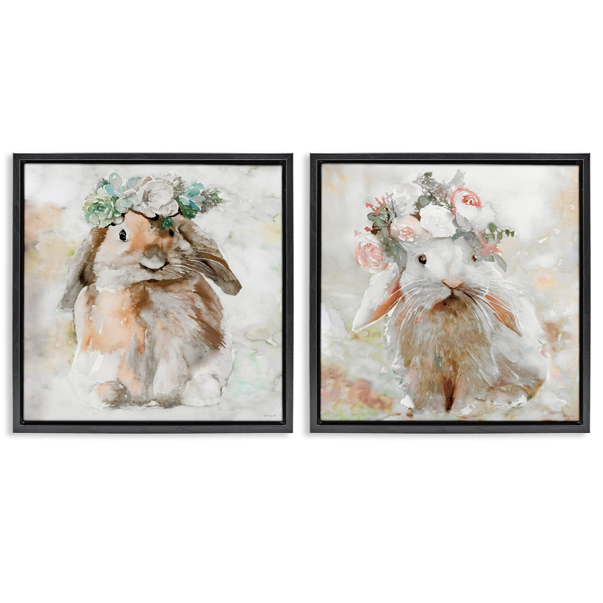 Stupell Industries Soft Spring Floral Bunnies Animals Painting Black Floater Framed Canvas Art Print Wall Art, 25 x 25, Set of 2