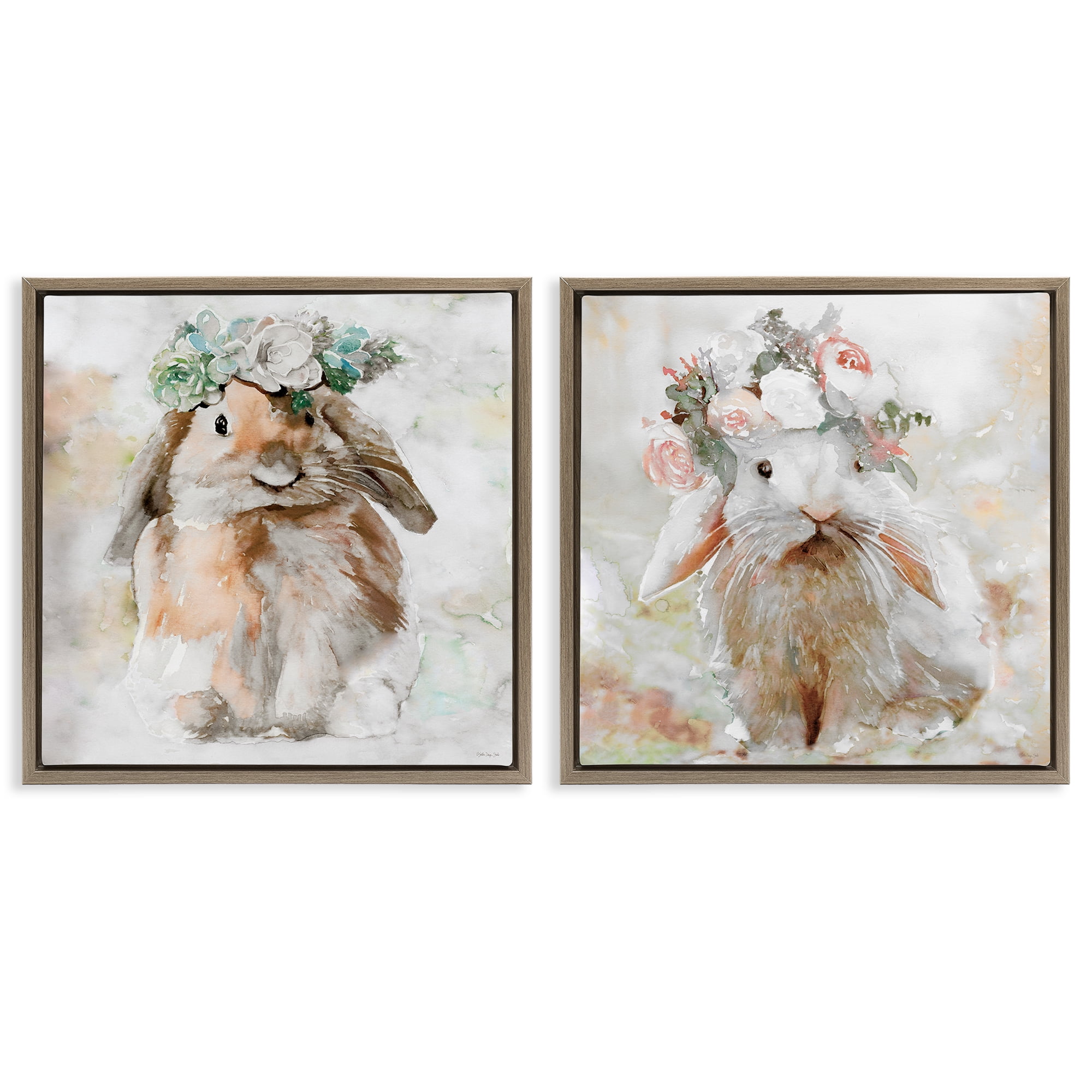 Stupell Industries Soft Spring Floral Bunnies Animals Painting Brown Floater Framed Canvas Art Print Wall Art, 18 x 18, Set of 2