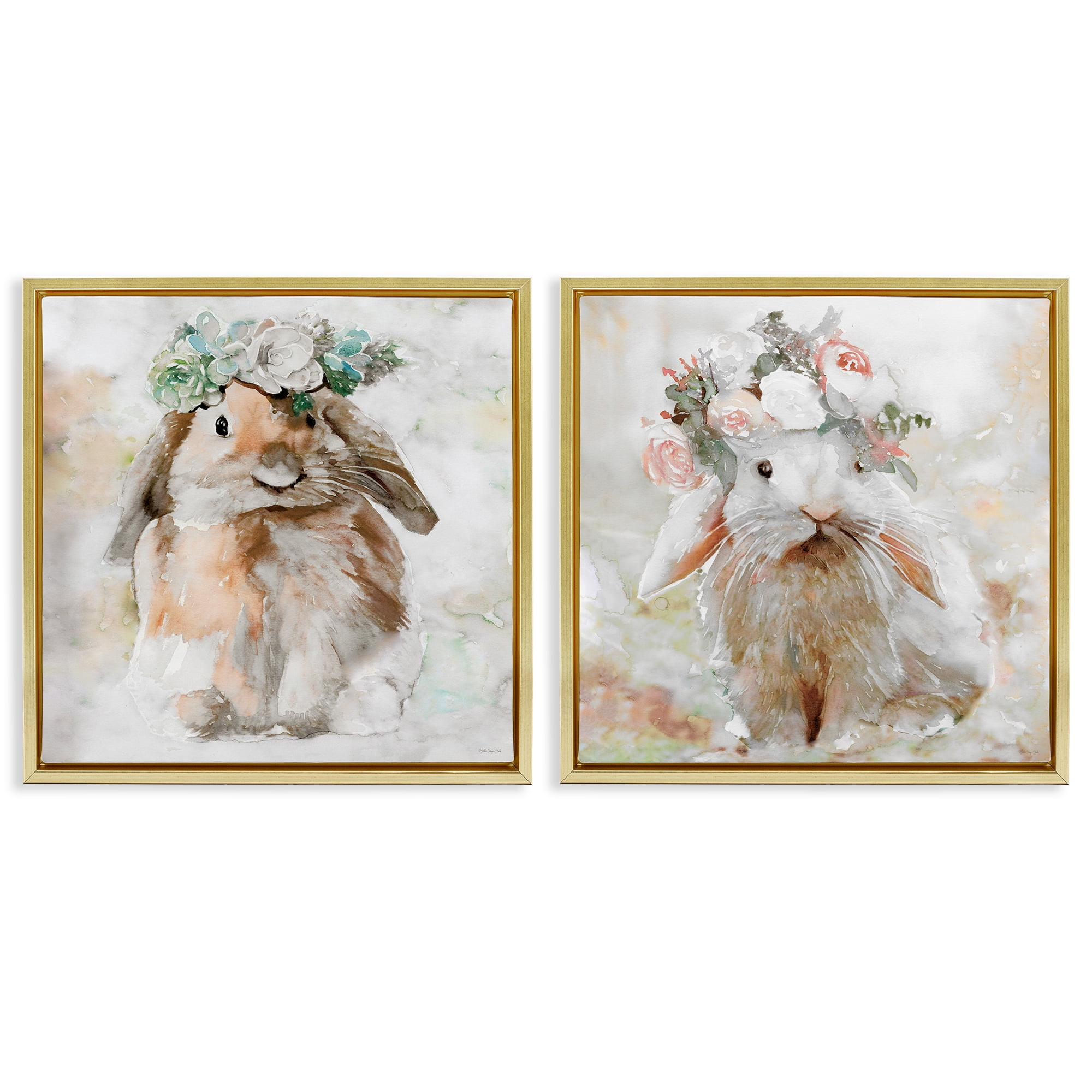 Stupell Industries Soft Spring Floral Bunnies Animals Painting Gold Floater Framed Canvas Art Print Wall Art, 18 x 18, Set of 2