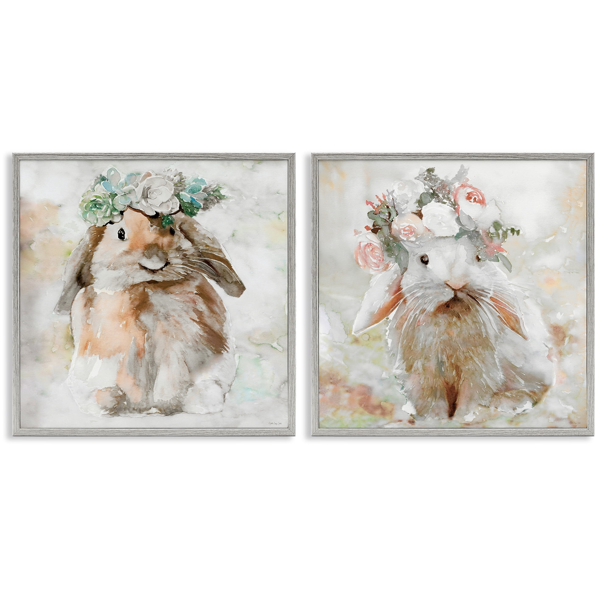 Stupell Industries Soft Spring Floral Bunnies Animals Painting Gray Framed Art Print Wall Art, 17 x 17, Set of 2