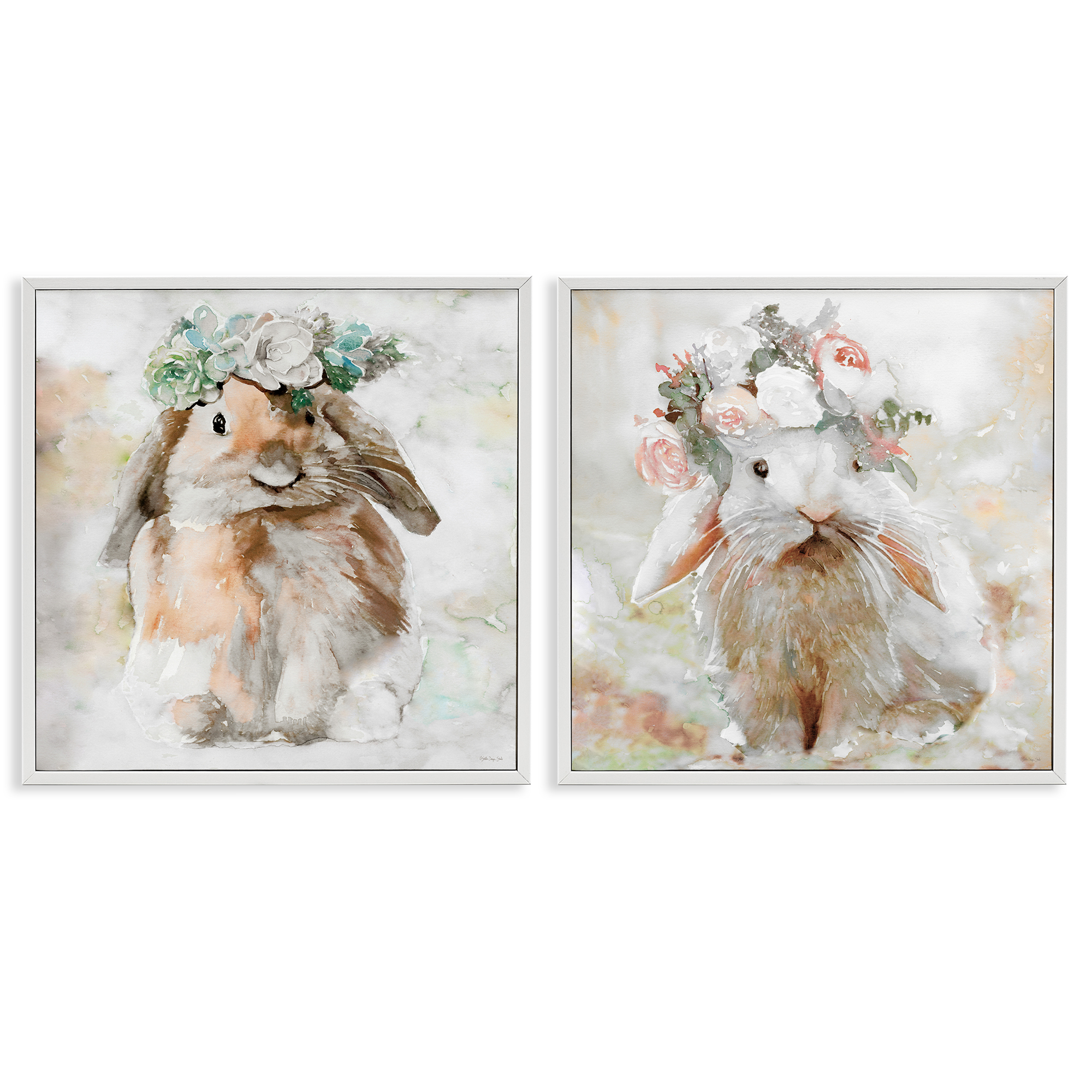 Stupell Industries Soft Spring Floral Bunnies Animals Painting White Framed Art Print Wall Art, 12 x 12, Set of 2