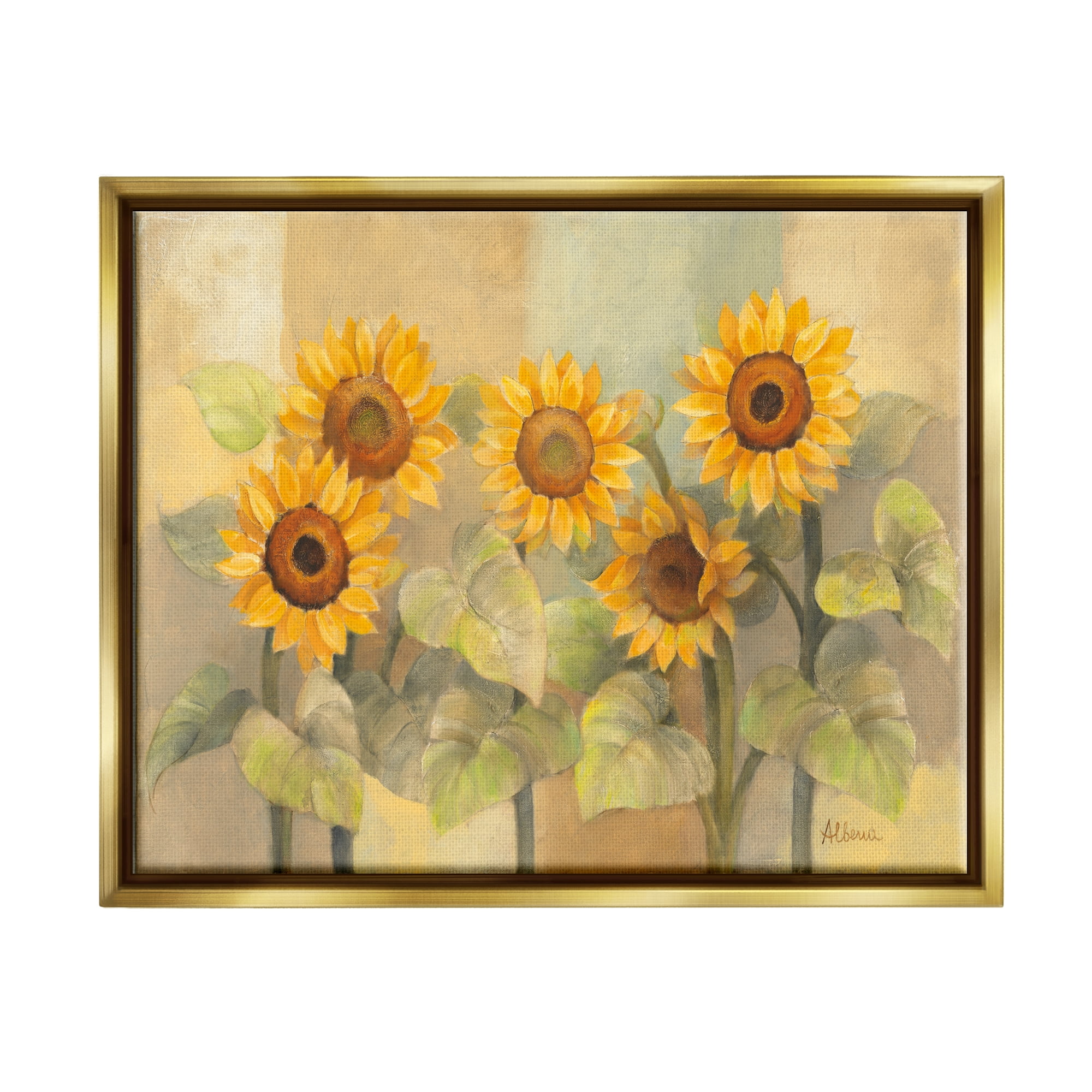 Stupell Industries Soft Vintage Sunflower Floral Field Yellow Green Metallic Gold Framed Floating Canvas Wall Art, 24x30, by Albena Hristova