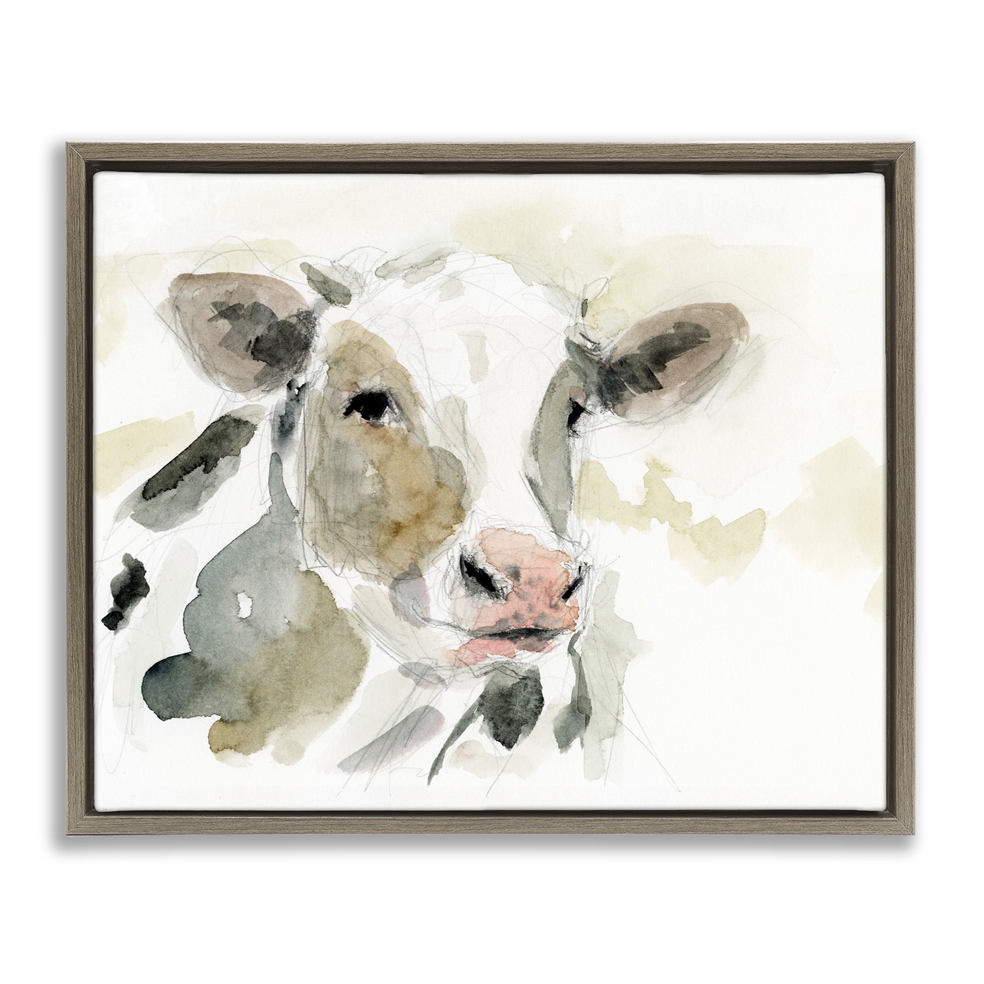 Stupell Industries Soft Watercolor Cow Animals & Insects Painting Brown Floater Framed Canvas Art Print Wall Art, 21 x 17