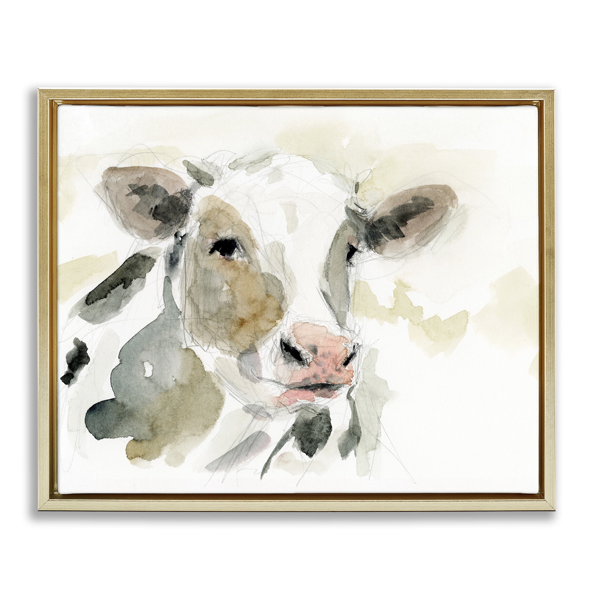 Stupell Industries Soft Watercolor Cow Animals & Insects Painting Gold Floater Framed Canvas Art Print Wall Art, 31 x 25