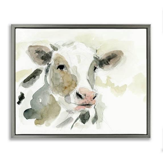 Stupell Industries Soft Watercolor Cow Animals & Insects Painting Gray Floater Framed Canvas Art Print Wall Art, 21 x 17