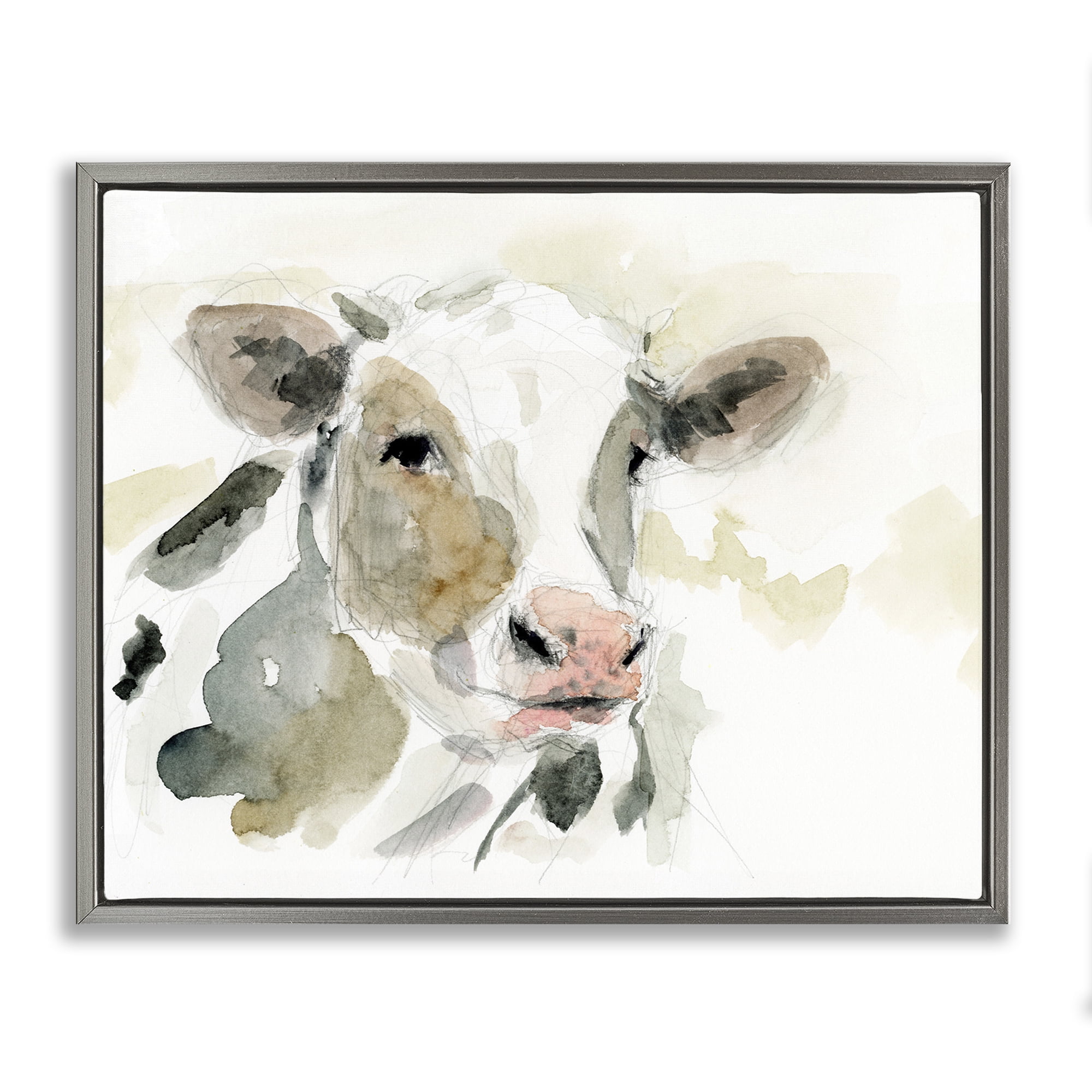 Stupell Industries Soft Watercolor Cow Animals & Insects Painting Gray Floater Framed Canvas Art Print Wall Art, 31 x 25