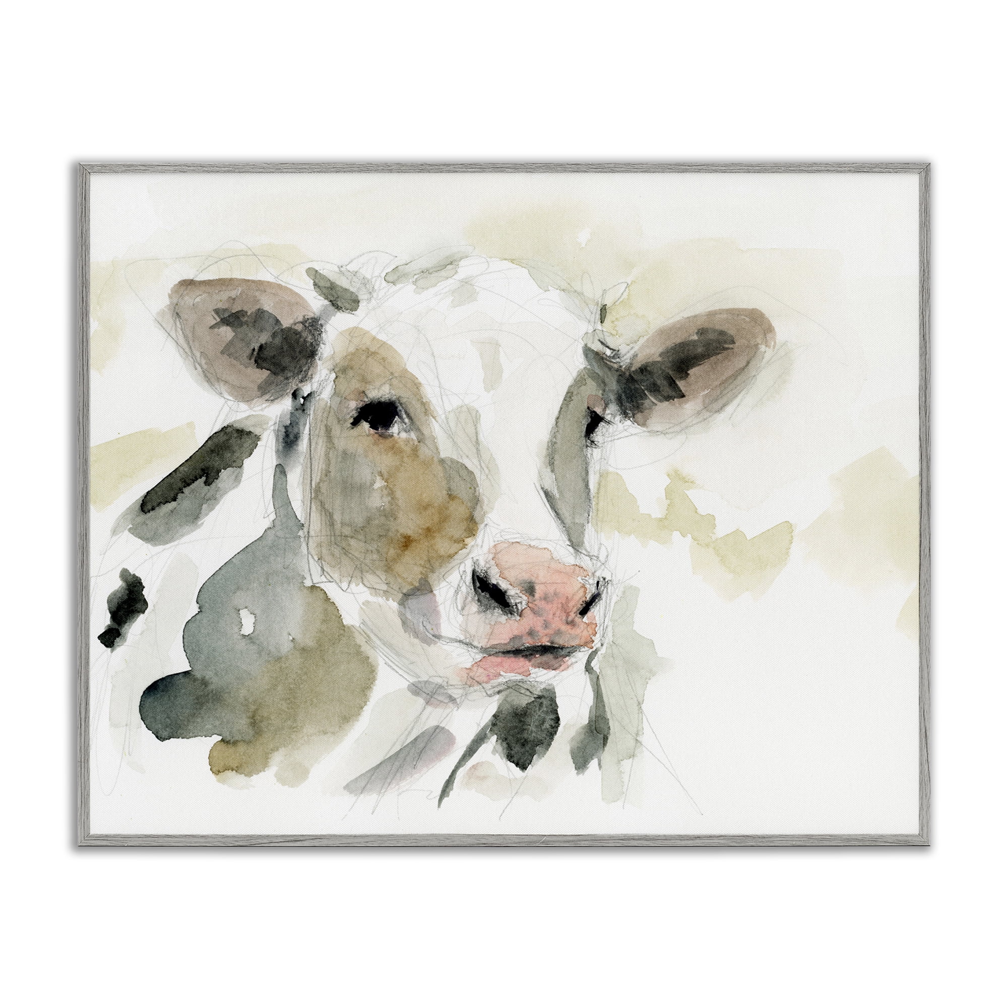 Stupell Industries Soft Watercolor Cow Animals & Insects Painting Gray Framed Art Print Wall Art, 14 x 11