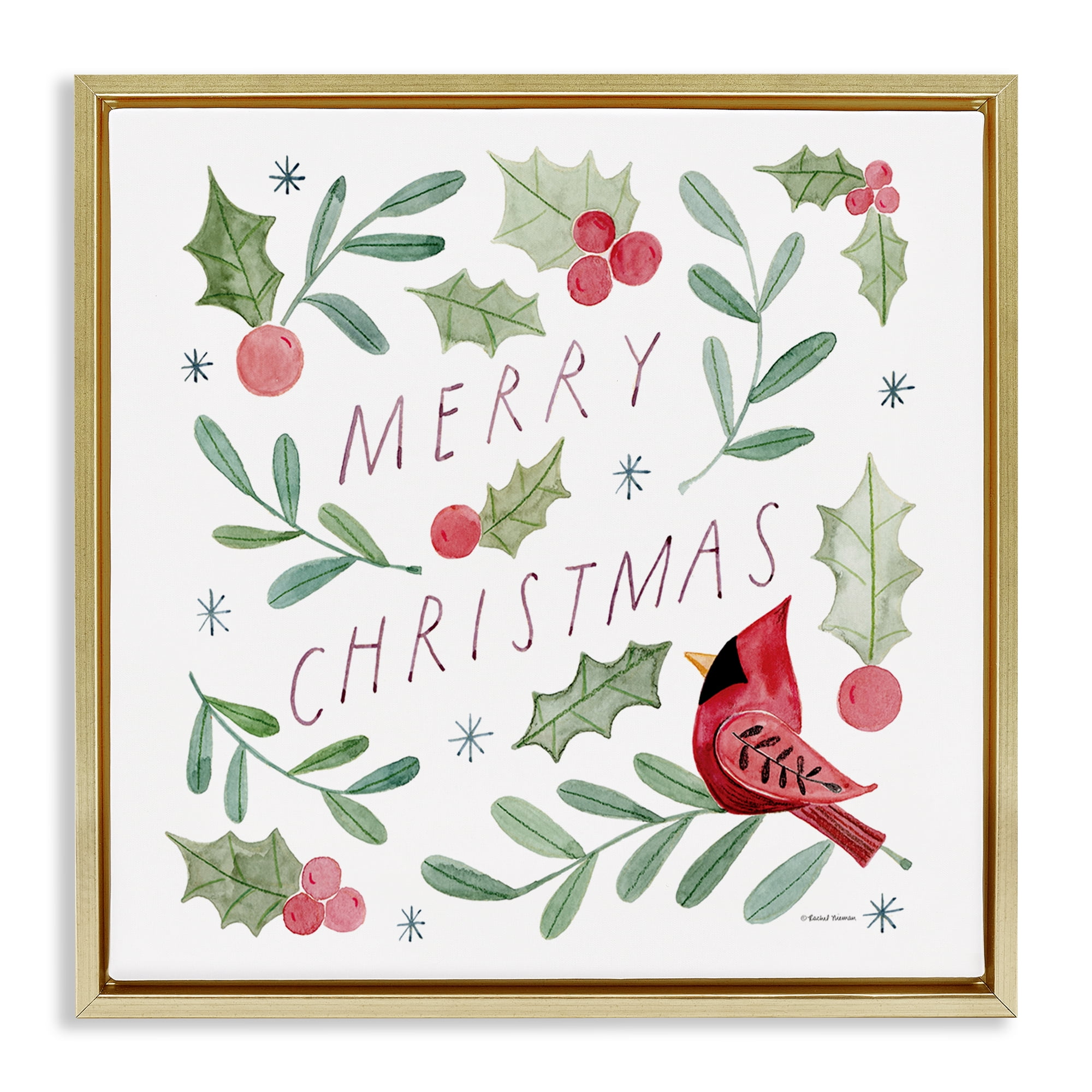 Stupell Industries Soft Whimsical Christmas Holiday Painting Gold Floater Framed Canvas Art Prints Wall Art, 25 x 25