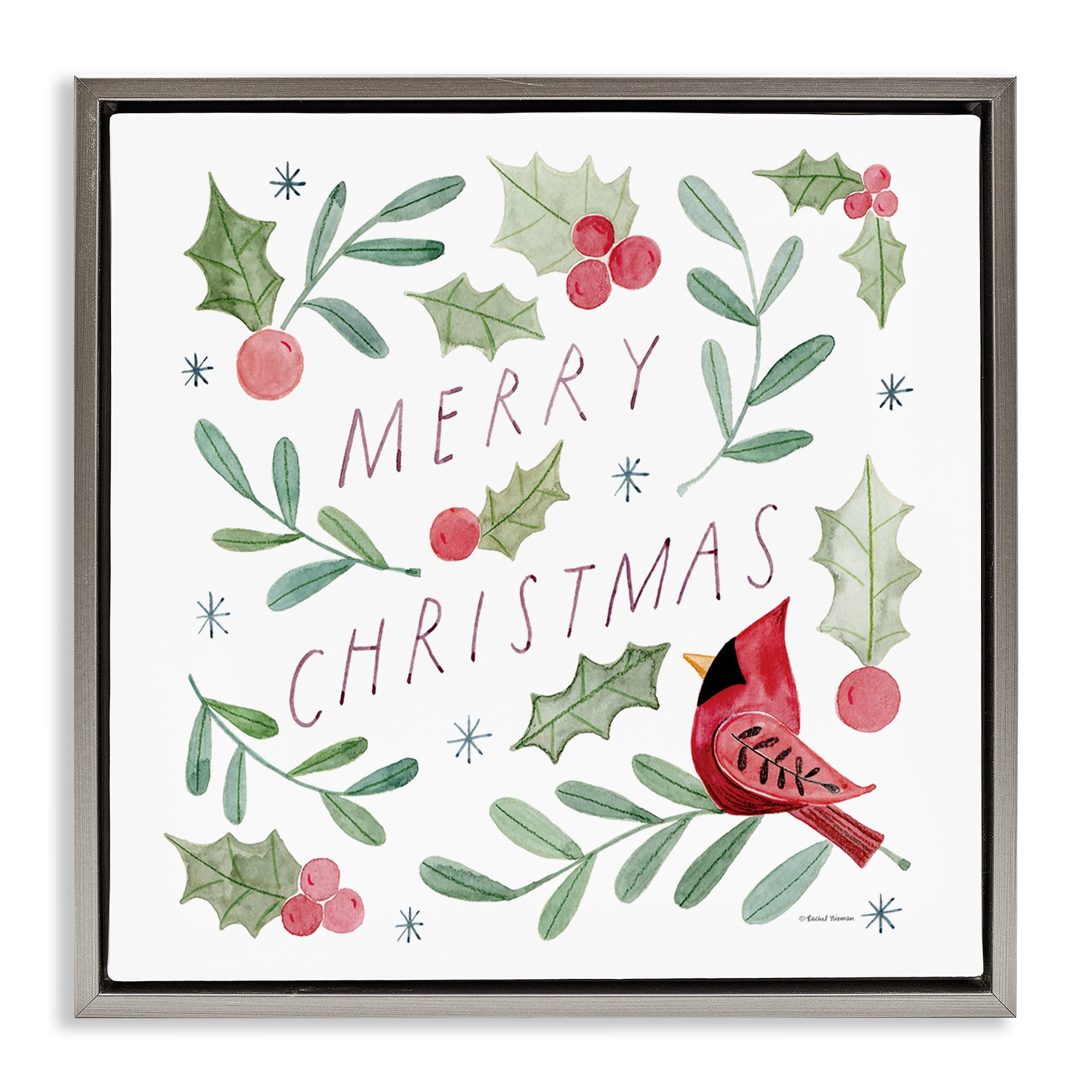 Stupell Industries Soft Whimsical Christmas Holiday Painting Gray Floater Framed Canvas Art Prints Wall Art, 18 x 18