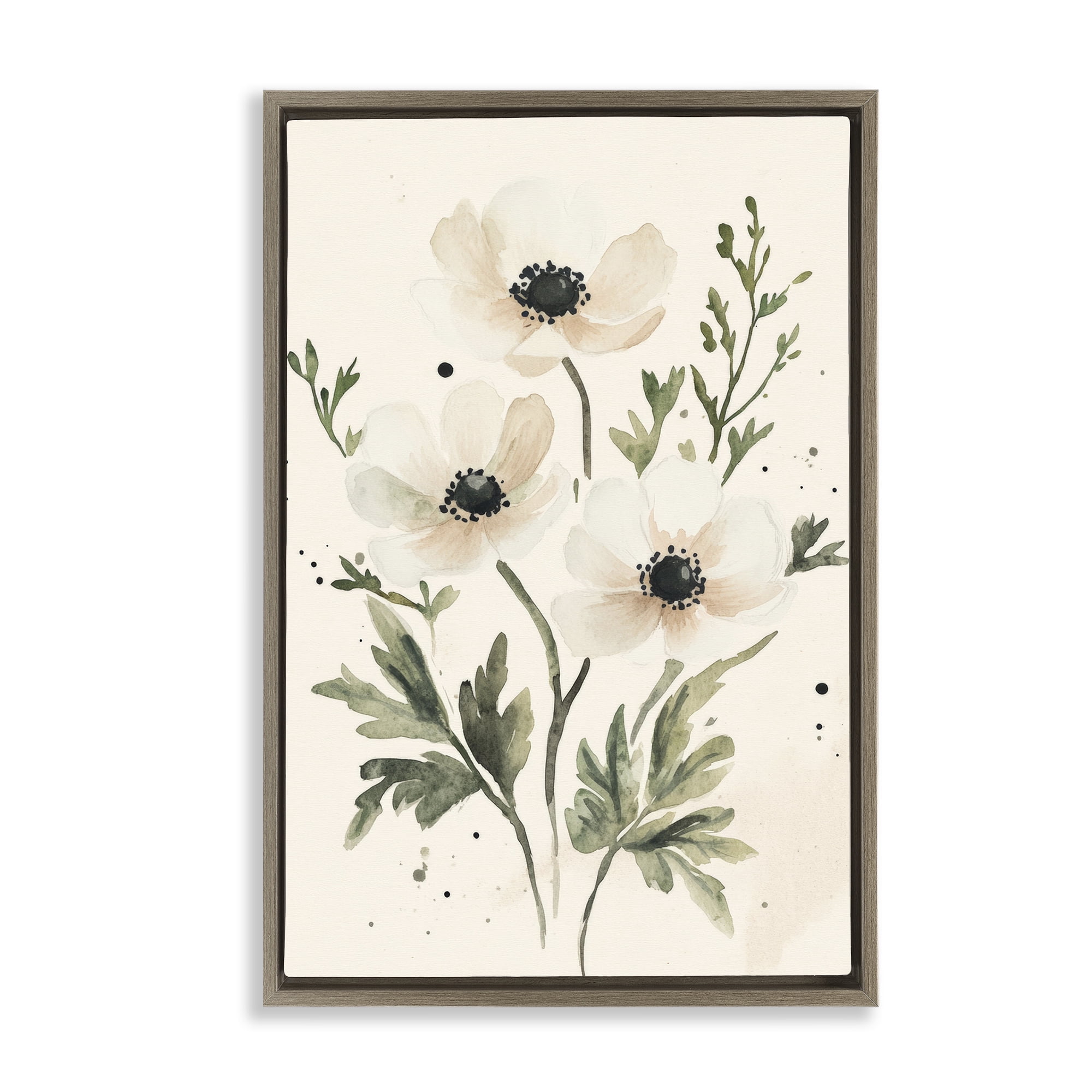 Stupell Industries Soft White Anemone Floral Brown Framed Floater Canvas Wall Art, design by Petal Prints Design