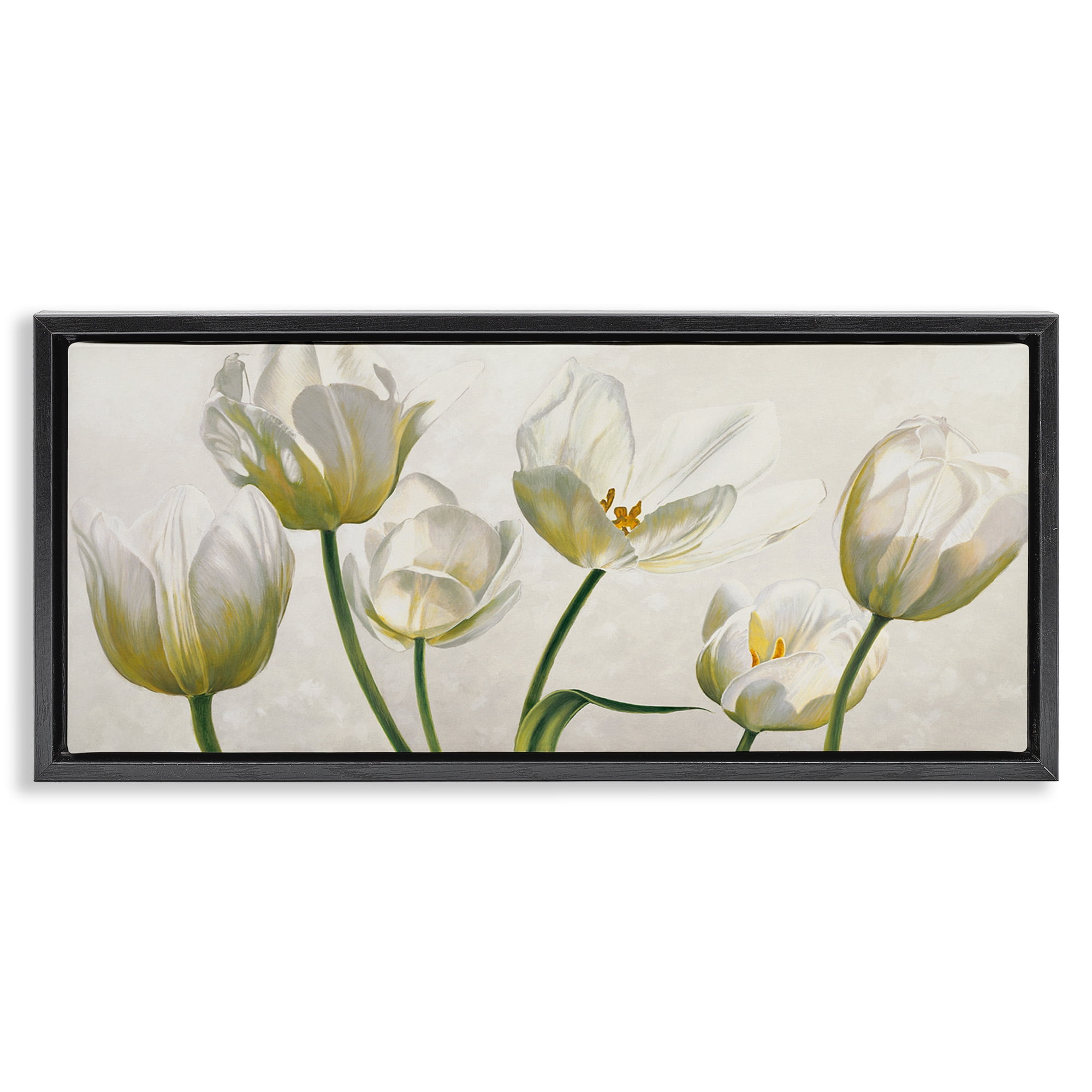 Stupell Industries Soft White Blooming Tulips Botanical & Floral Painting Black Floater Framed Canvas Art Print Wall Art, 31 x 14