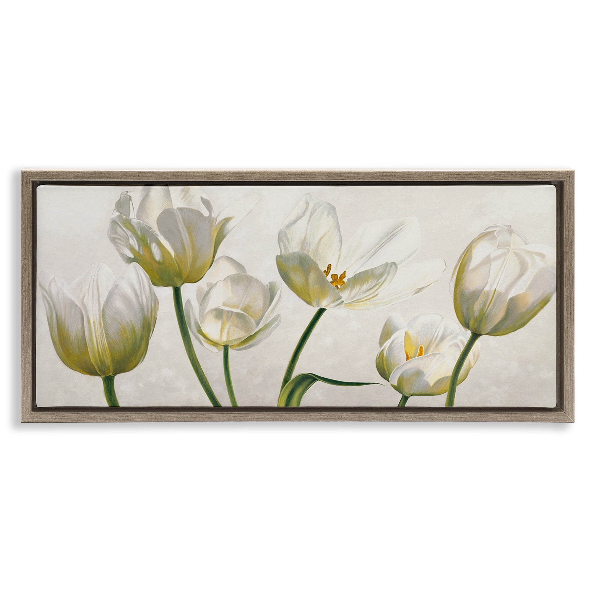 Stupell Industries Soft White Blooming Tulips Botanical & Floral Painting Brown Floater Framed Canvas Art Print Wall Art, 25 x 11