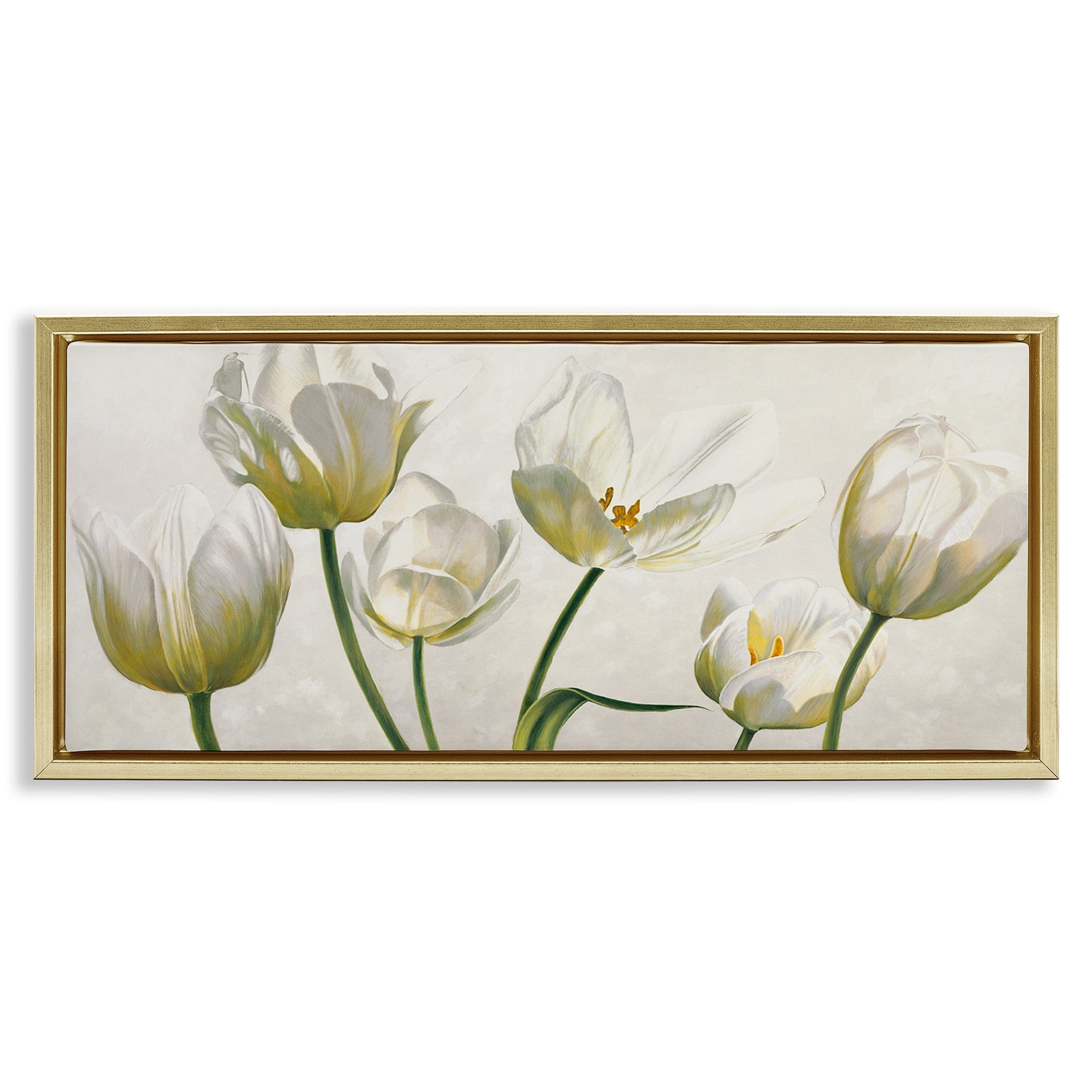 Stupell Industries Soft White Blooming Tulips Botanical & Floral Painting Gold Floater Framed Canvas Art Print Wall Art, 25 x 11