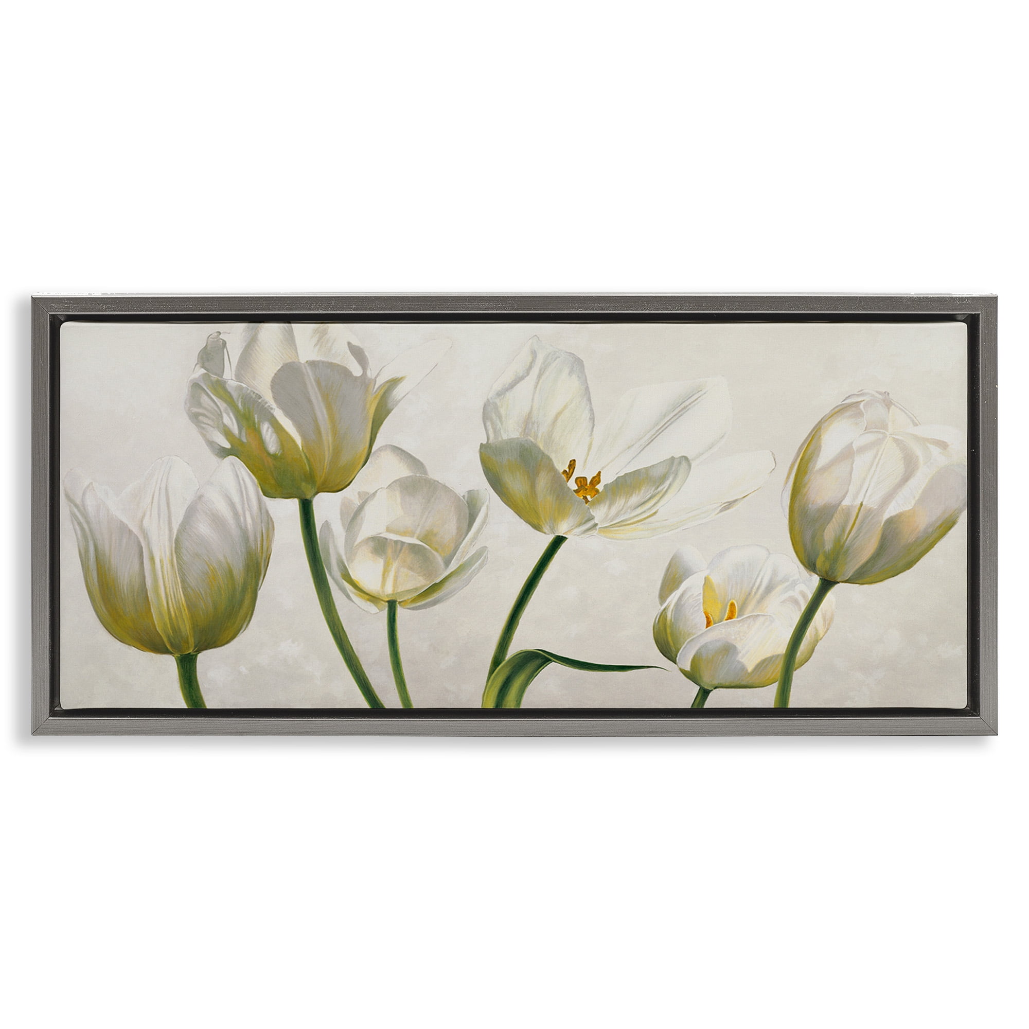 Stupell Industries Soft White Blooming Tulips Botanical & Floral Painting Gray Floater Framed Canvas Art Print Wall Art, 31 x 14