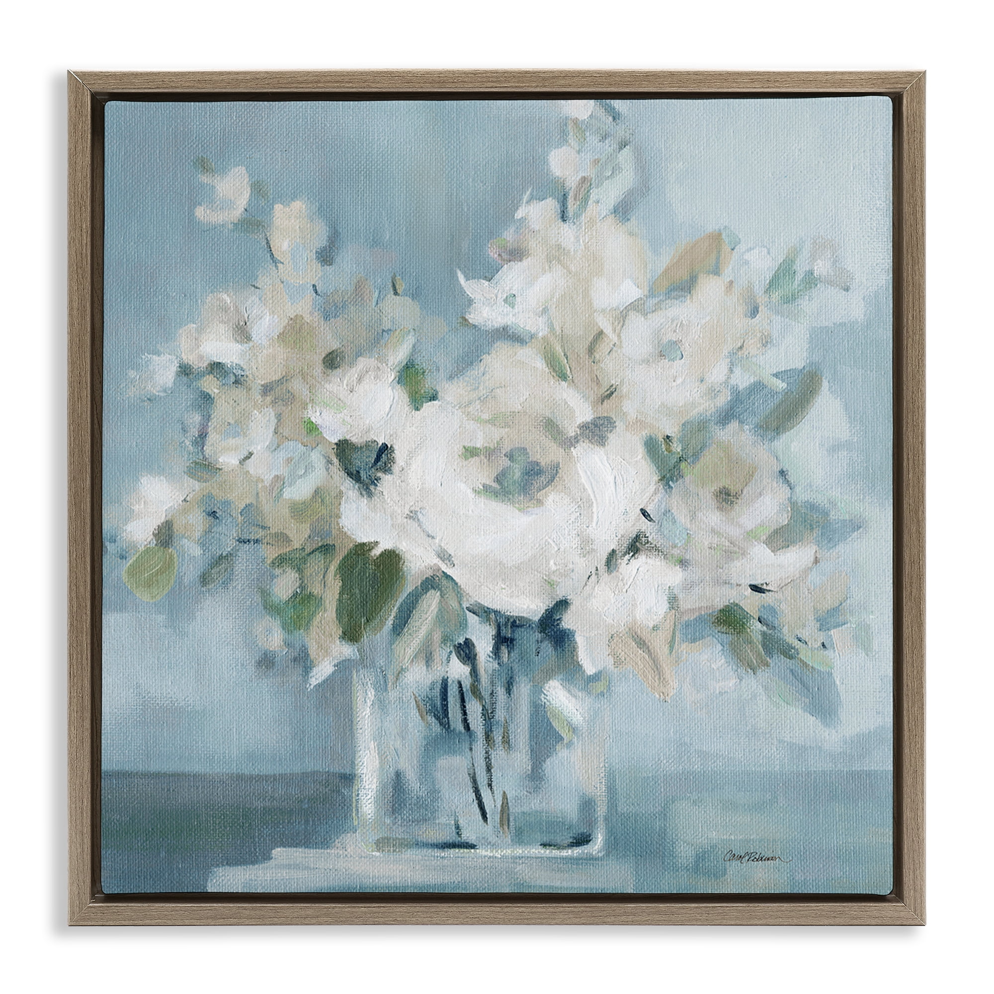 Stupell Industries Soft White Blossoms Vase Plants & Flowers Painting Brown Floater Framed Canvas Art Print Wall Art, 18 x 18