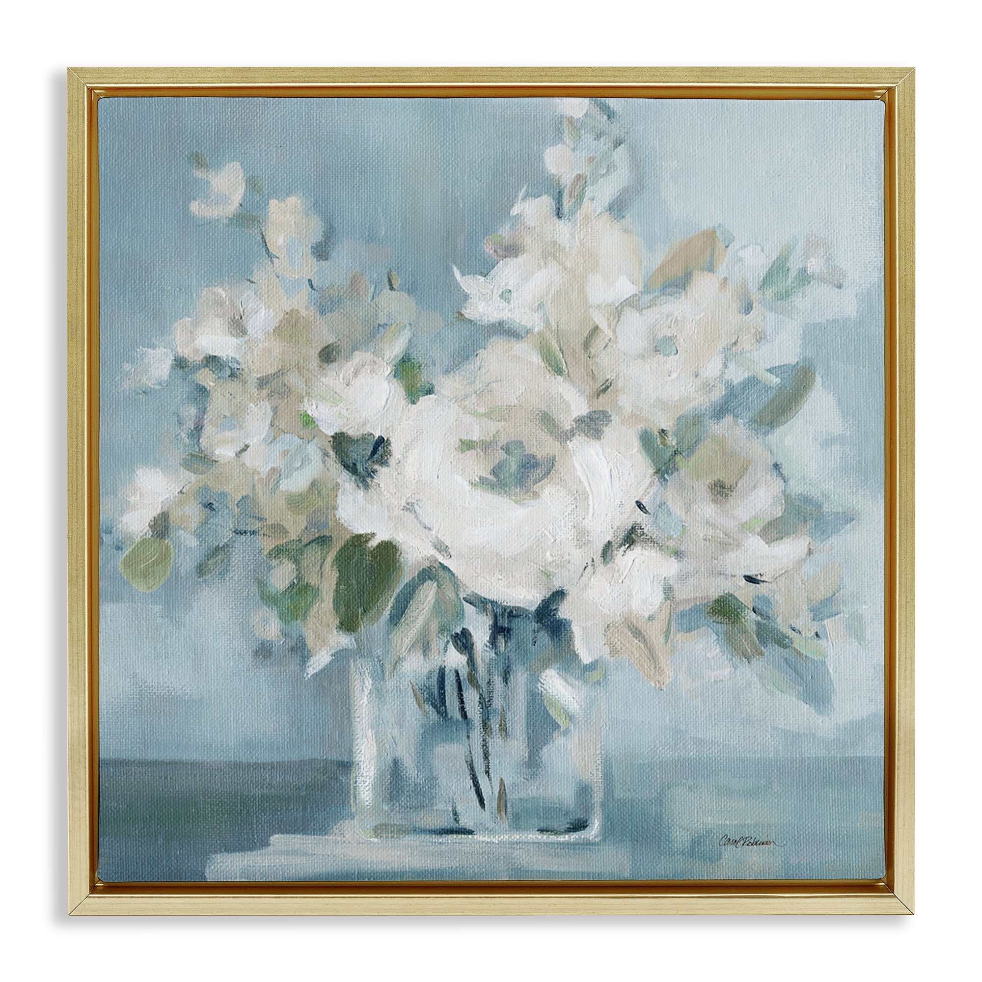 Stupell Industries Soft White Blossoms Vase Plants & Flowers Painting Gold Floater Framed Canvas Art Print Wall Art, 18 x 18