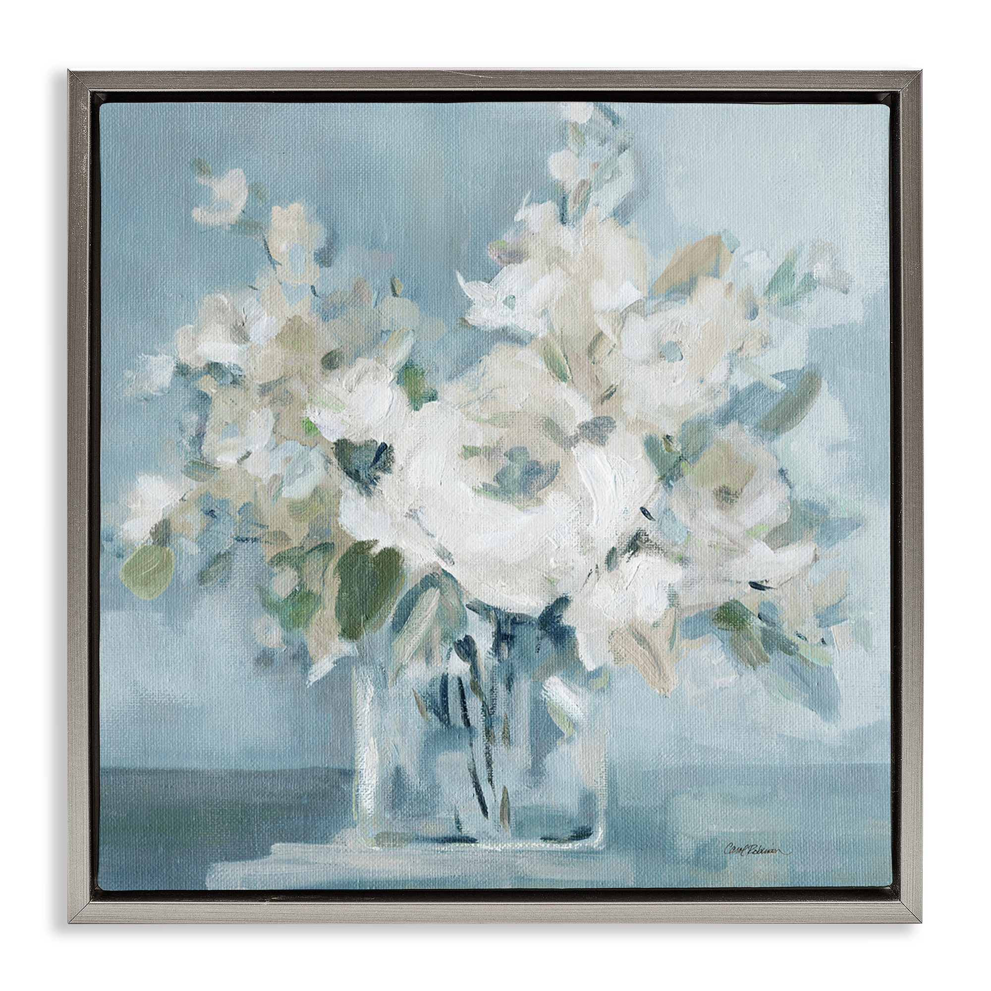 Stupell Industries Soft White Blossoms Vase Plants & Flowers Painting Gray Floater Framed Canvas Art Print Wall Art, 25 x 25