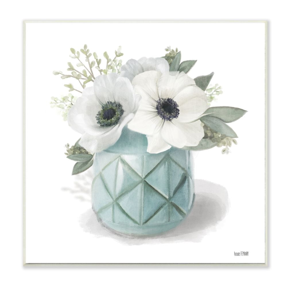 Stupell Industries Soft White Flowers in Turquoise Planter Country Floral Paintings Unframed Art Print Wall Art, 12x12, by House Fenway