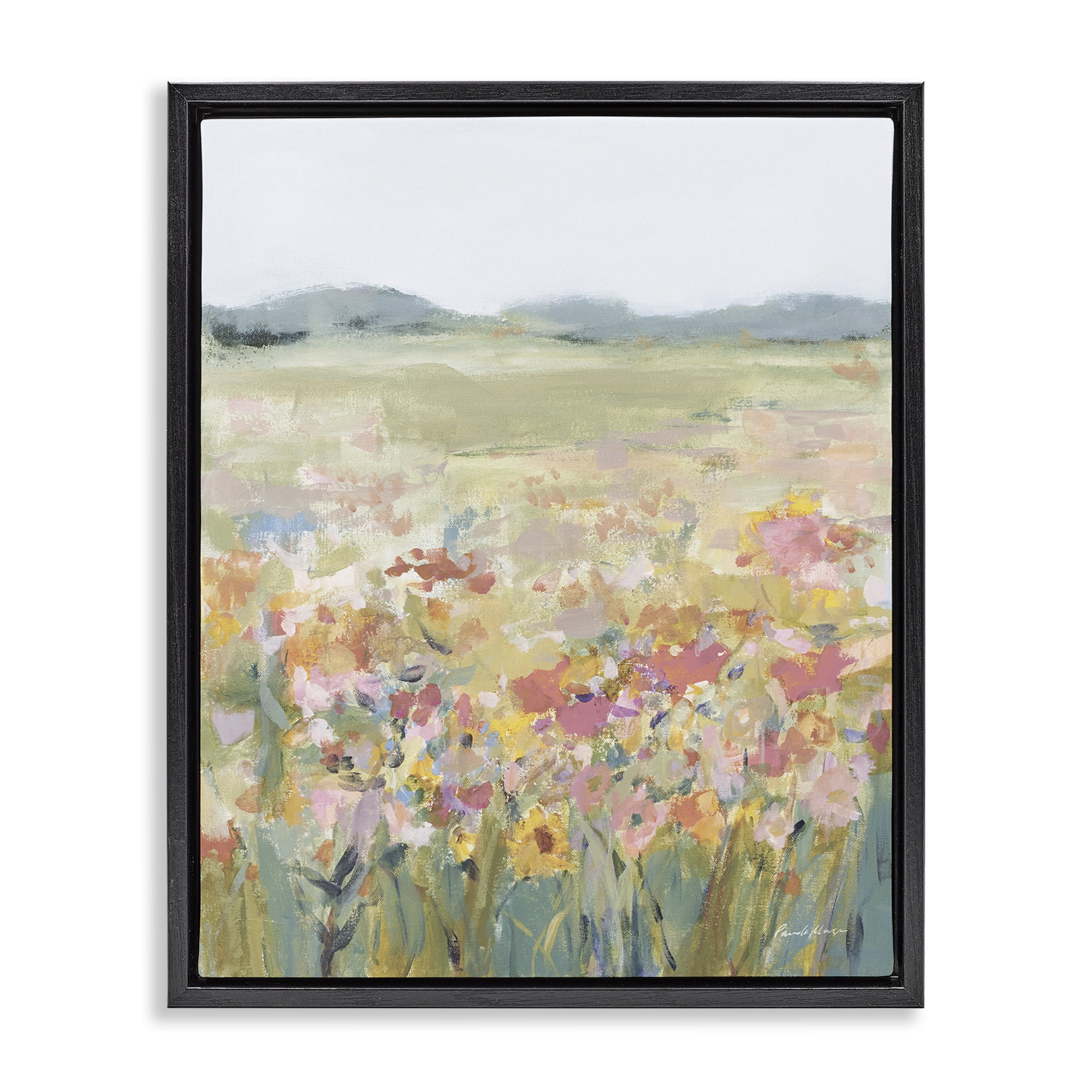 Stupell Industries Soft Wildflower Meadow Landscape Painting Black Floater Framed Art Print Wall Art, 25 x 31
