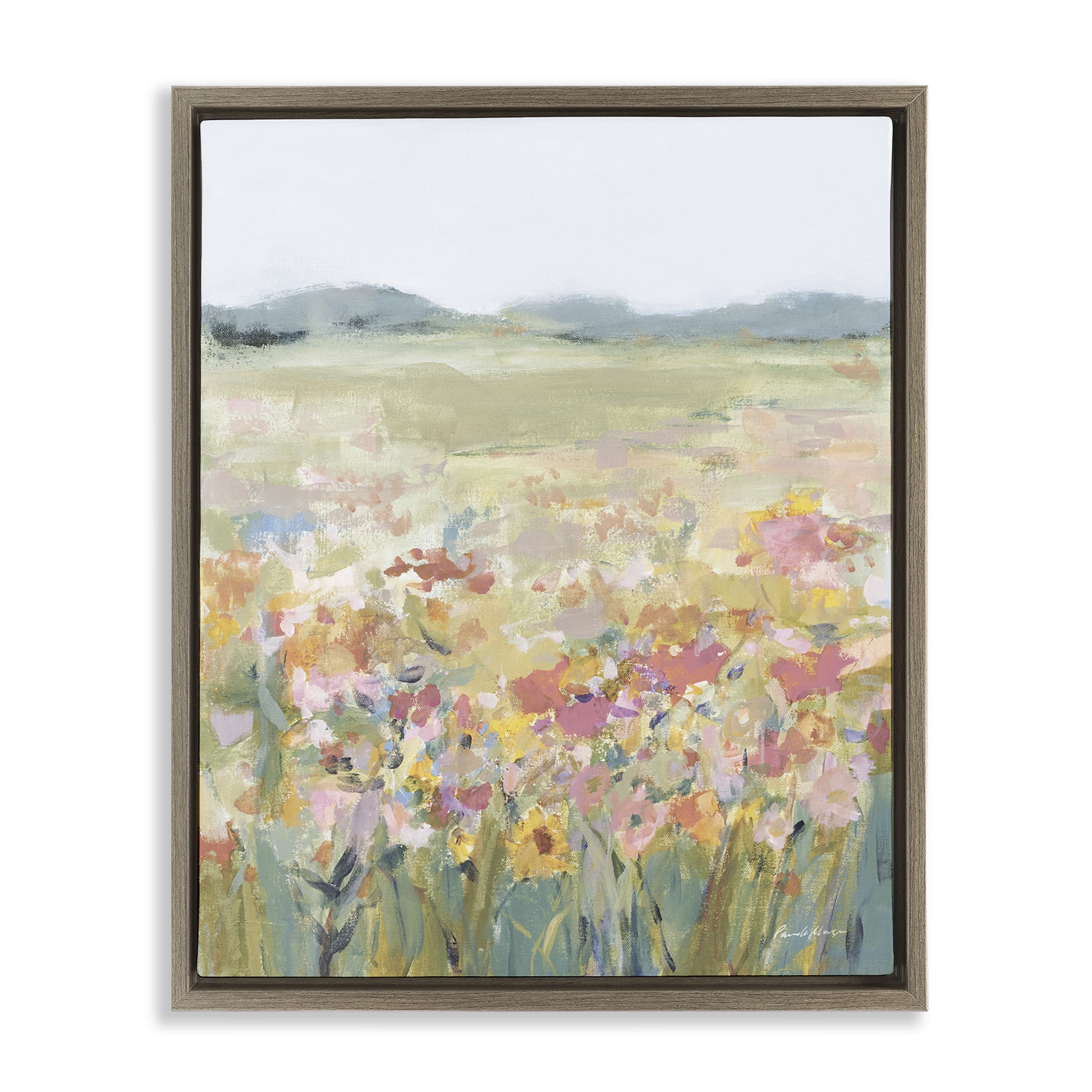 Stupell Industries Soft Wildflower Meadow Landscape Painting Brown Floater Framed Art Print Wall Art, 25 x 31