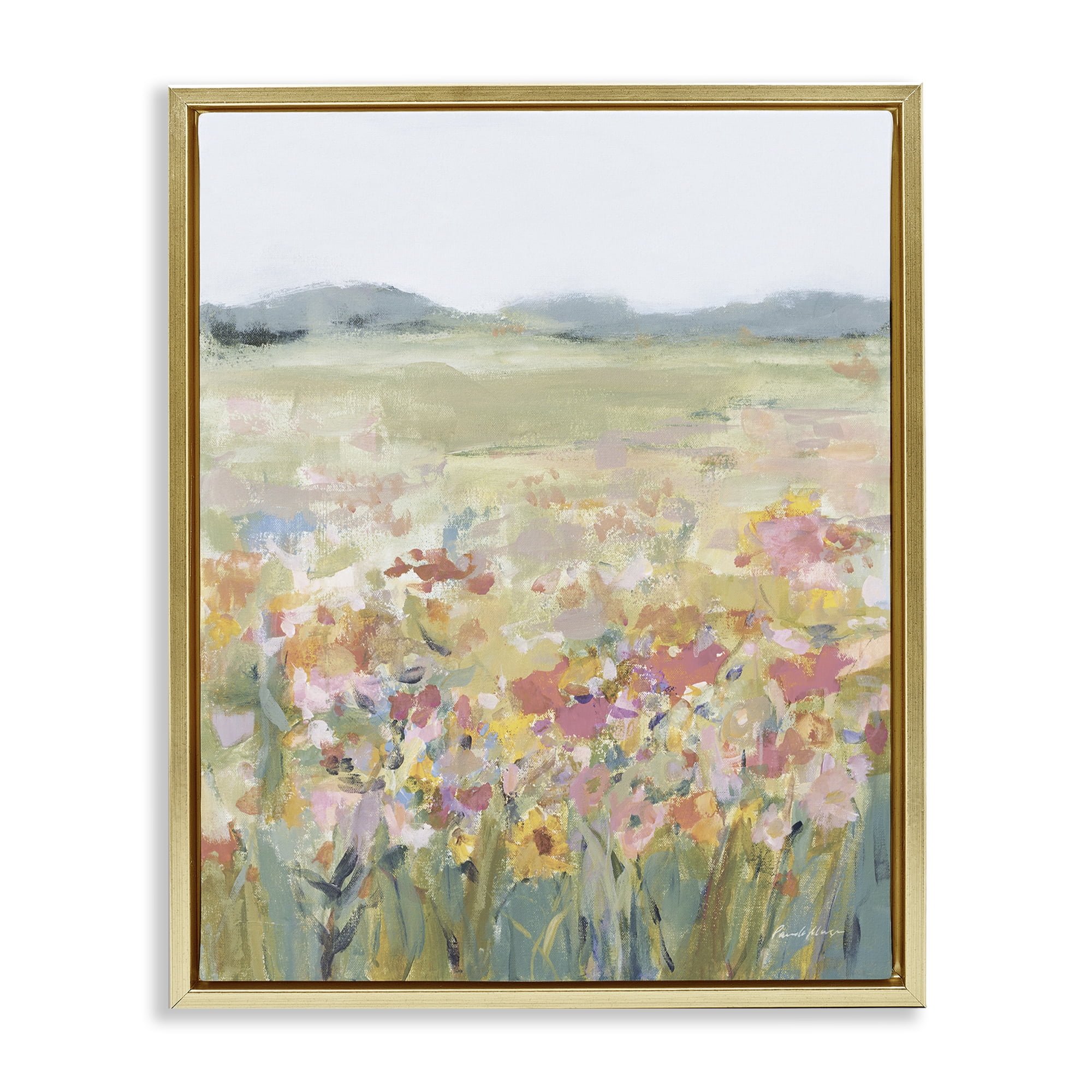 Stupell Industries Soft Wildflower Meadow Landscape Painting Gold Floater Framed Art Print Wall Art, 17 x 21