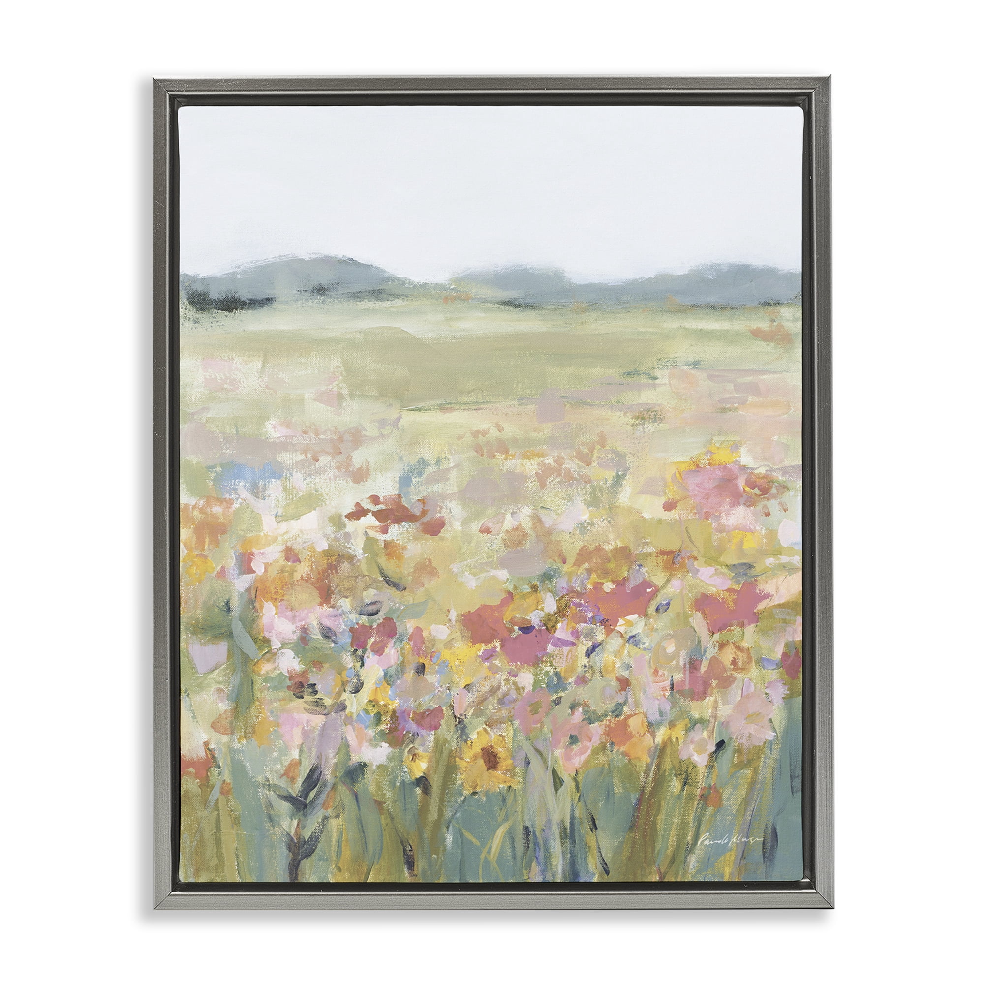 Stupell Industries Soft Wildflower Meadow Landscape Painting Gray Floater Framed Art Print Wall Art, 25 x 31